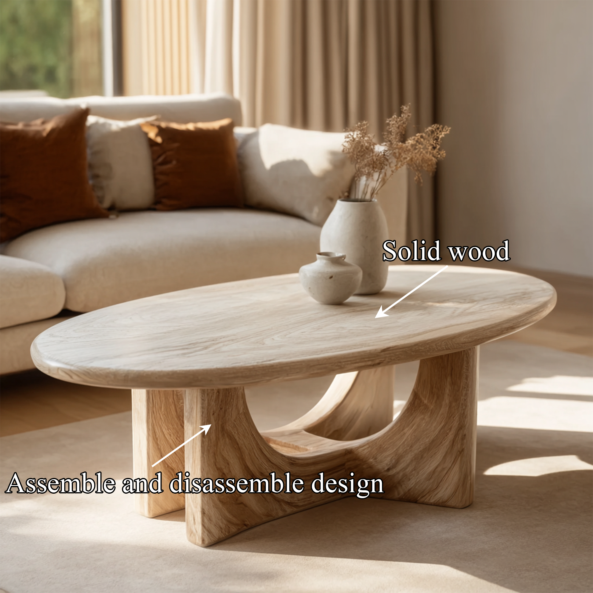 Serene Sculptural Solid Wood Coffee Table Flowing Base Natural Harmony Modern Living Room Interior SINLKICF299