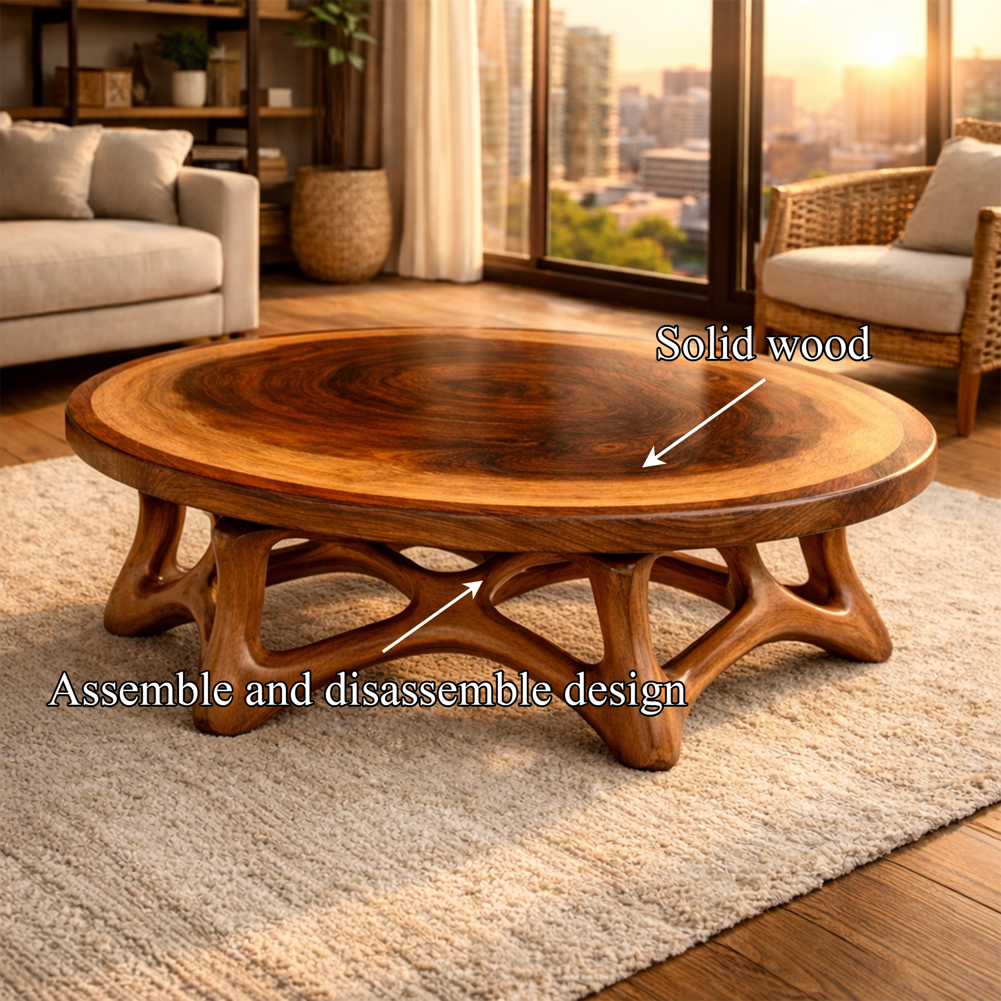 Round Sculptural Solid Wood Coffee Table Organic Base Modern Living Room Interior SINLKICF305