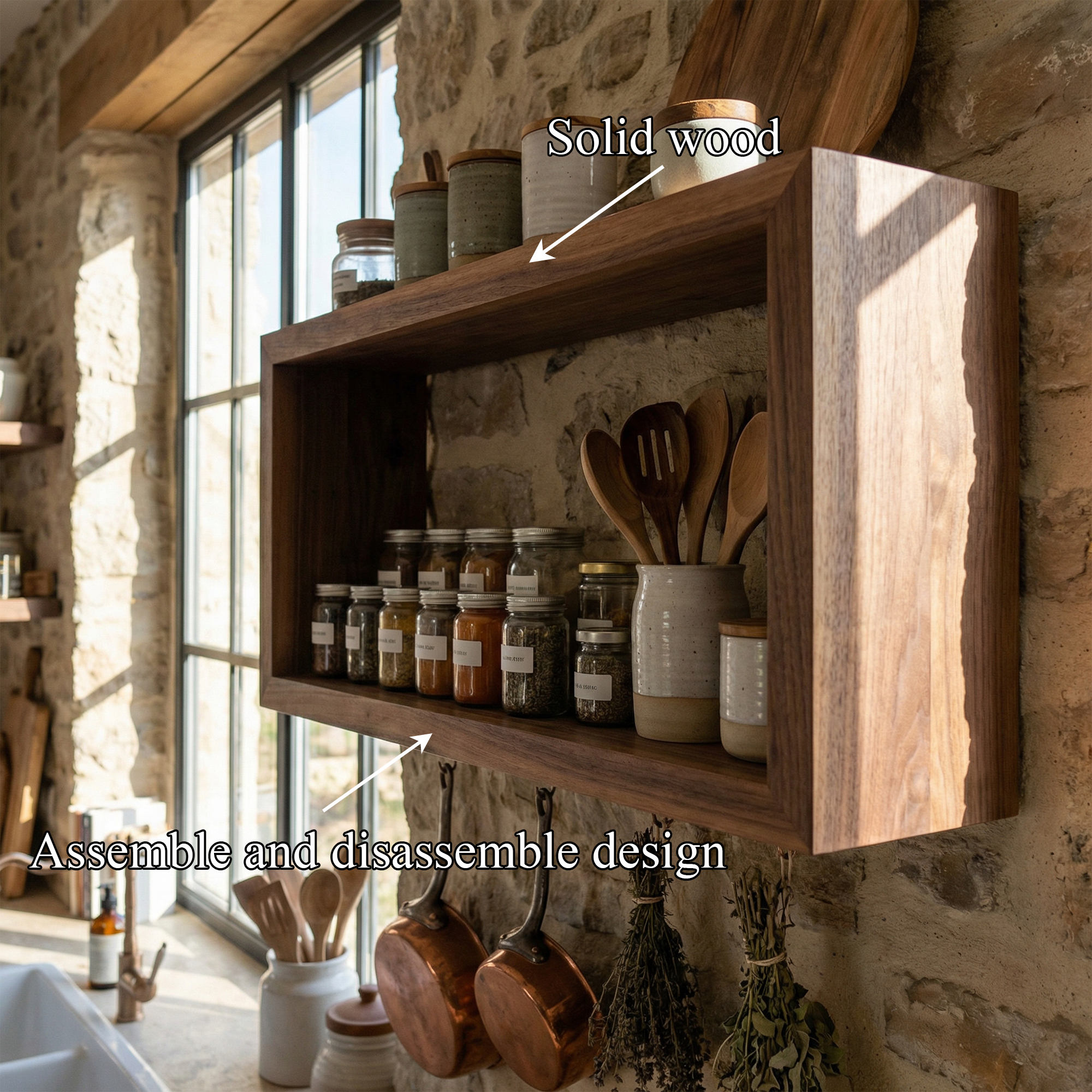 Rustic Box Style Kitchen Wall Shelf Solid Wood Display Unit SINLKIFL475