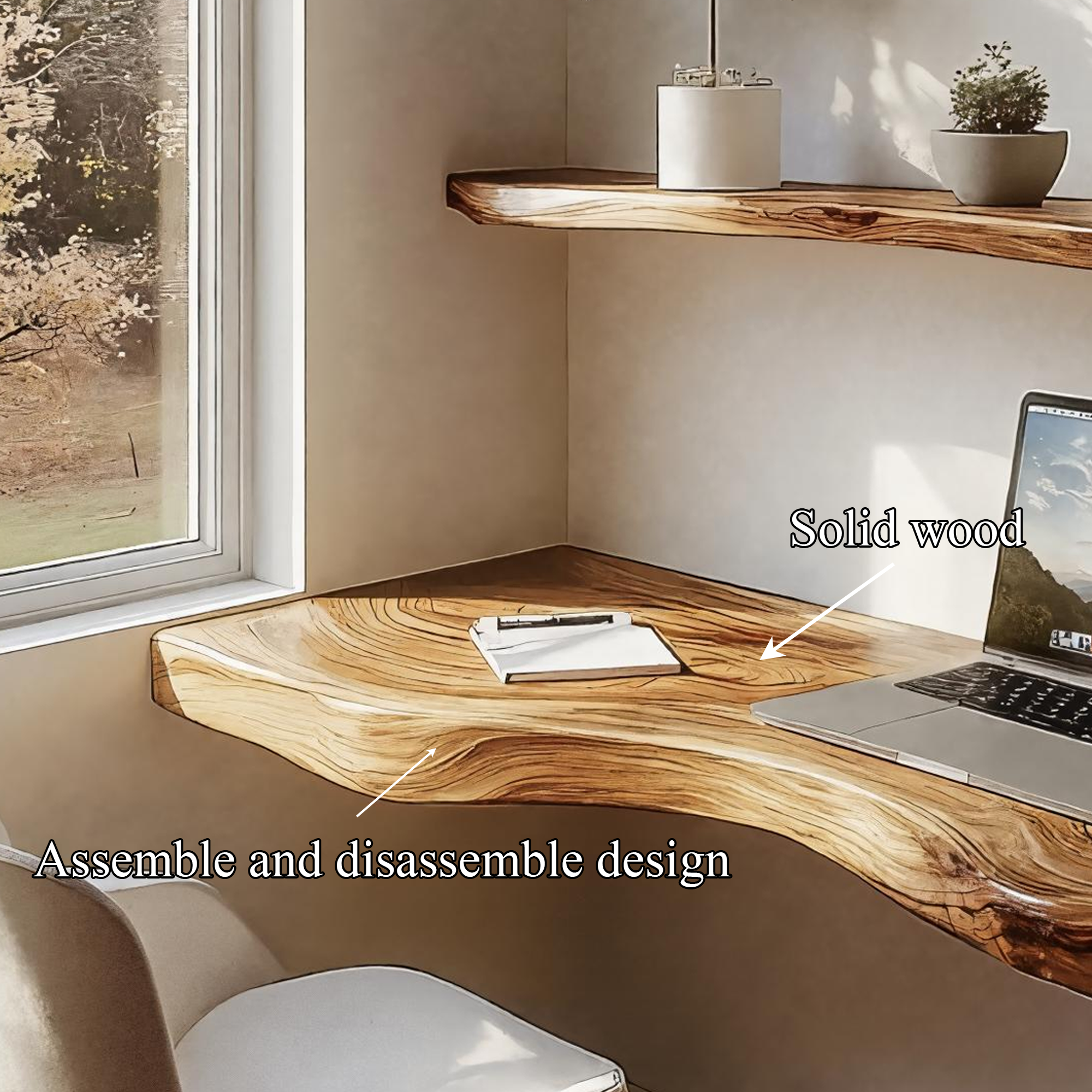 Minimal Live Edge Wall Desk Solid Wood Home Office Style SINLKIFL382