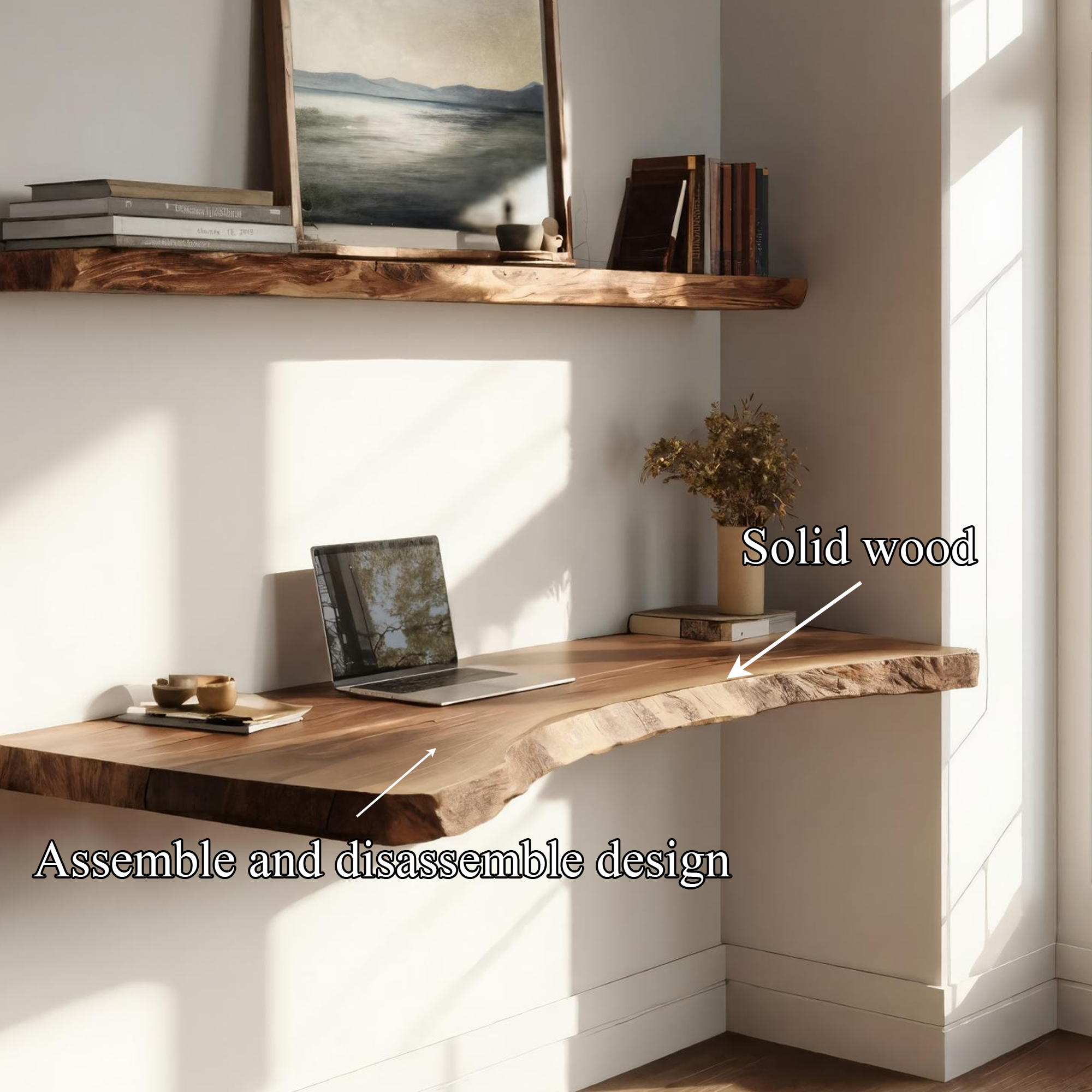 Minimal Solid Wood Wall Desk Natural Light Home Office Interior SINLKIFL386