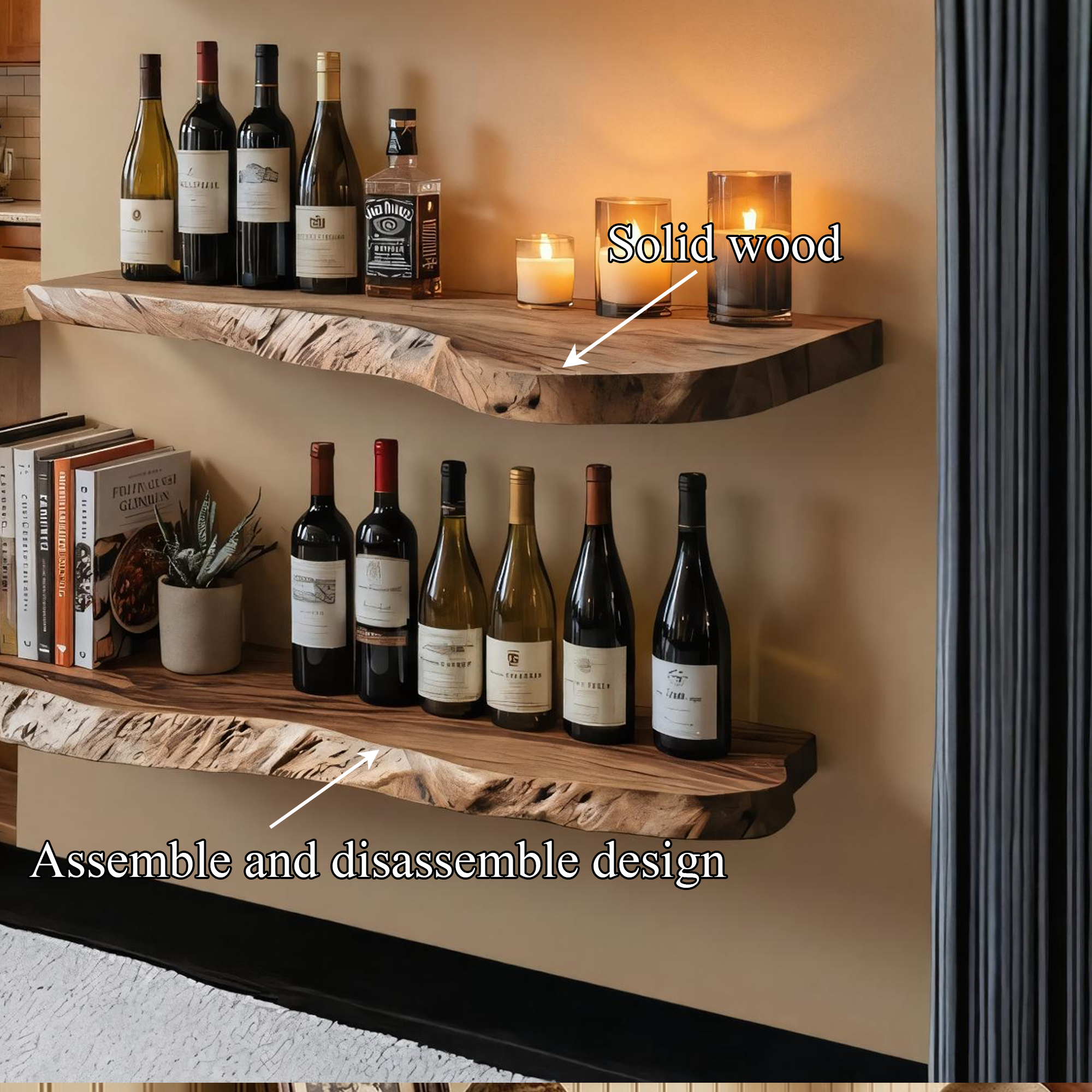 Industrial Rustic Floating Wine Display Shelves Solid Wood Wall Rack SINLKIFL505