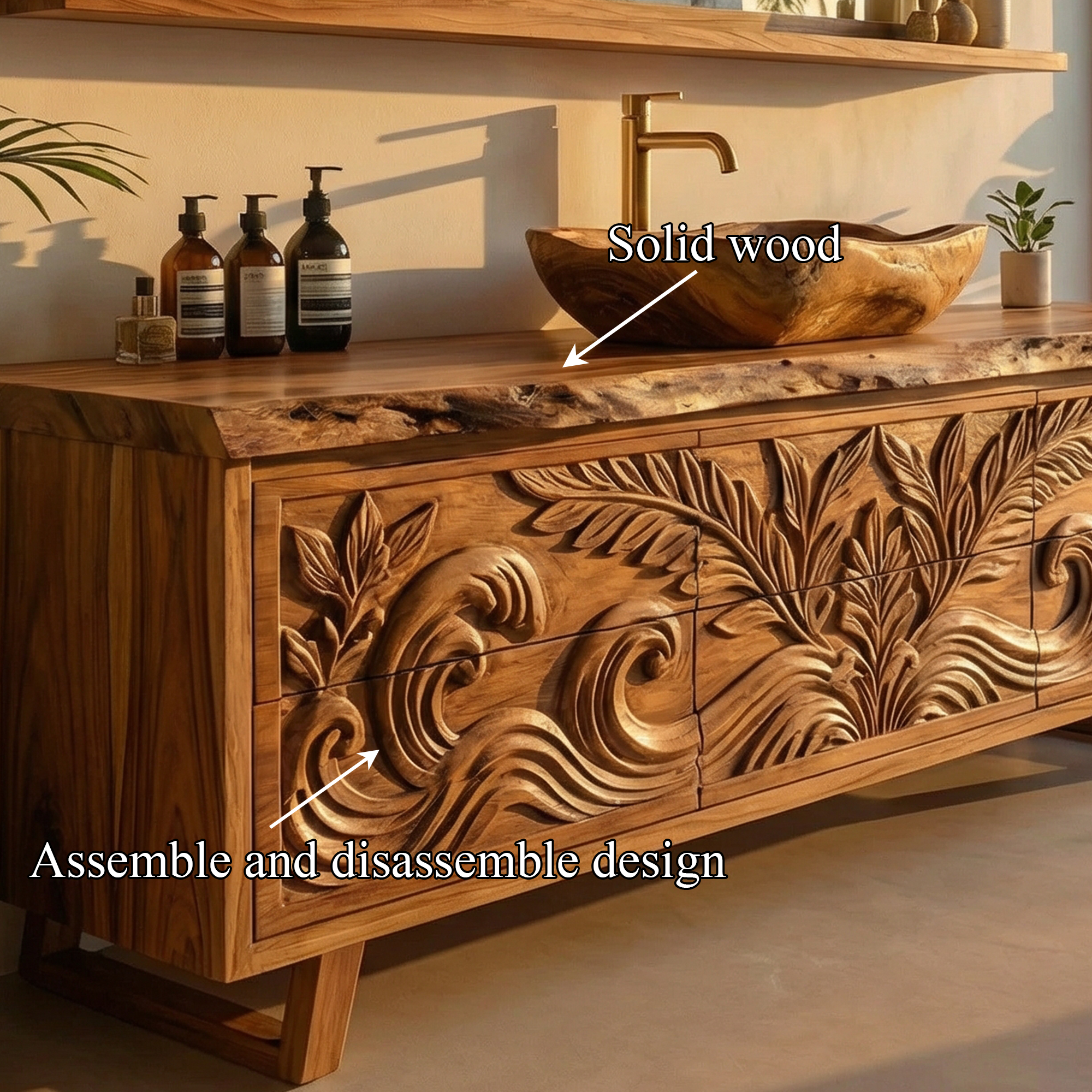 Luxury Tropical Hand Carved Solid Wood Bathroom Vanity Statement Cabinet SINLKIBRV276