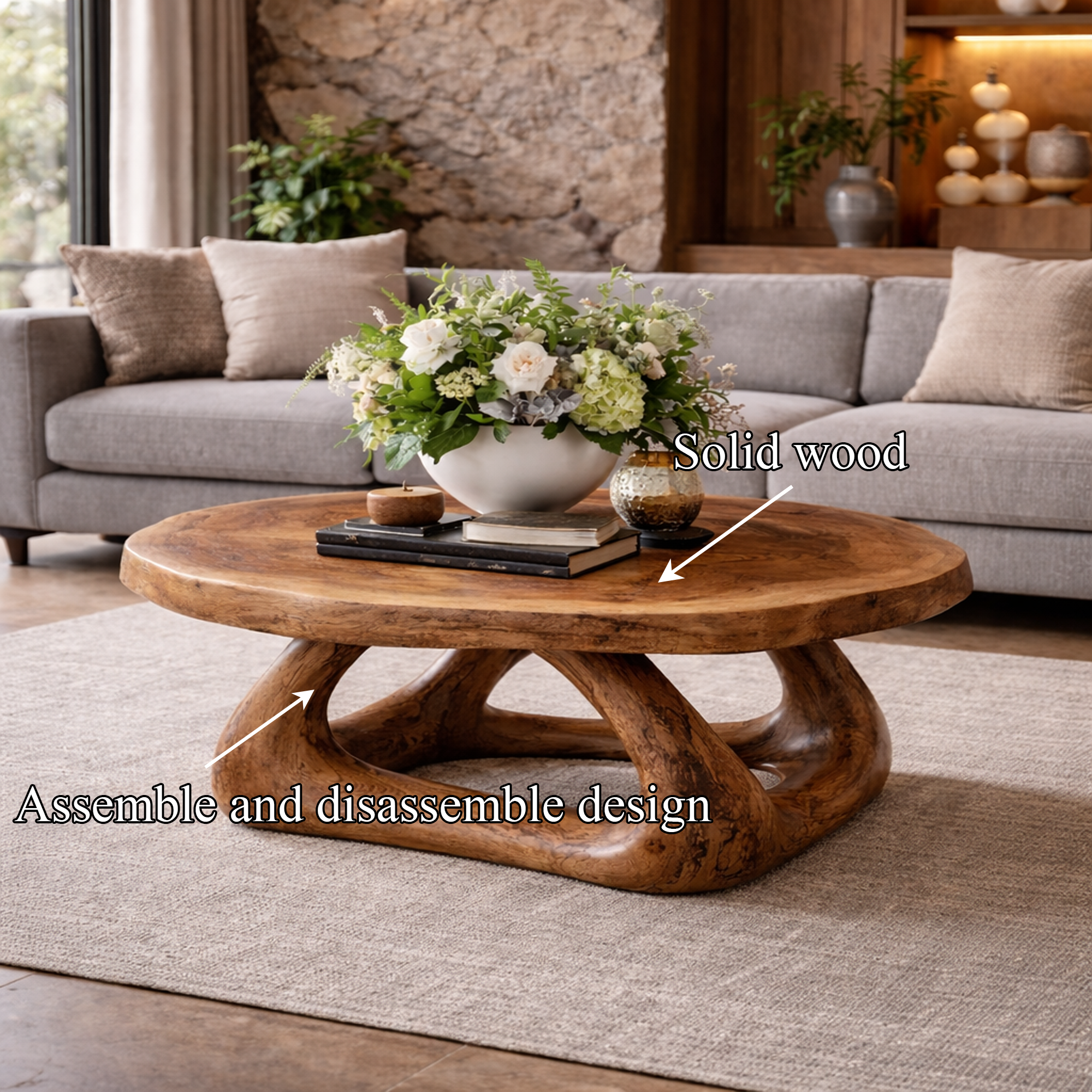 Curved Sculptural Solid Wood Coffee Table Artistic Statement Luxury Living Room Interior SINLKICF292