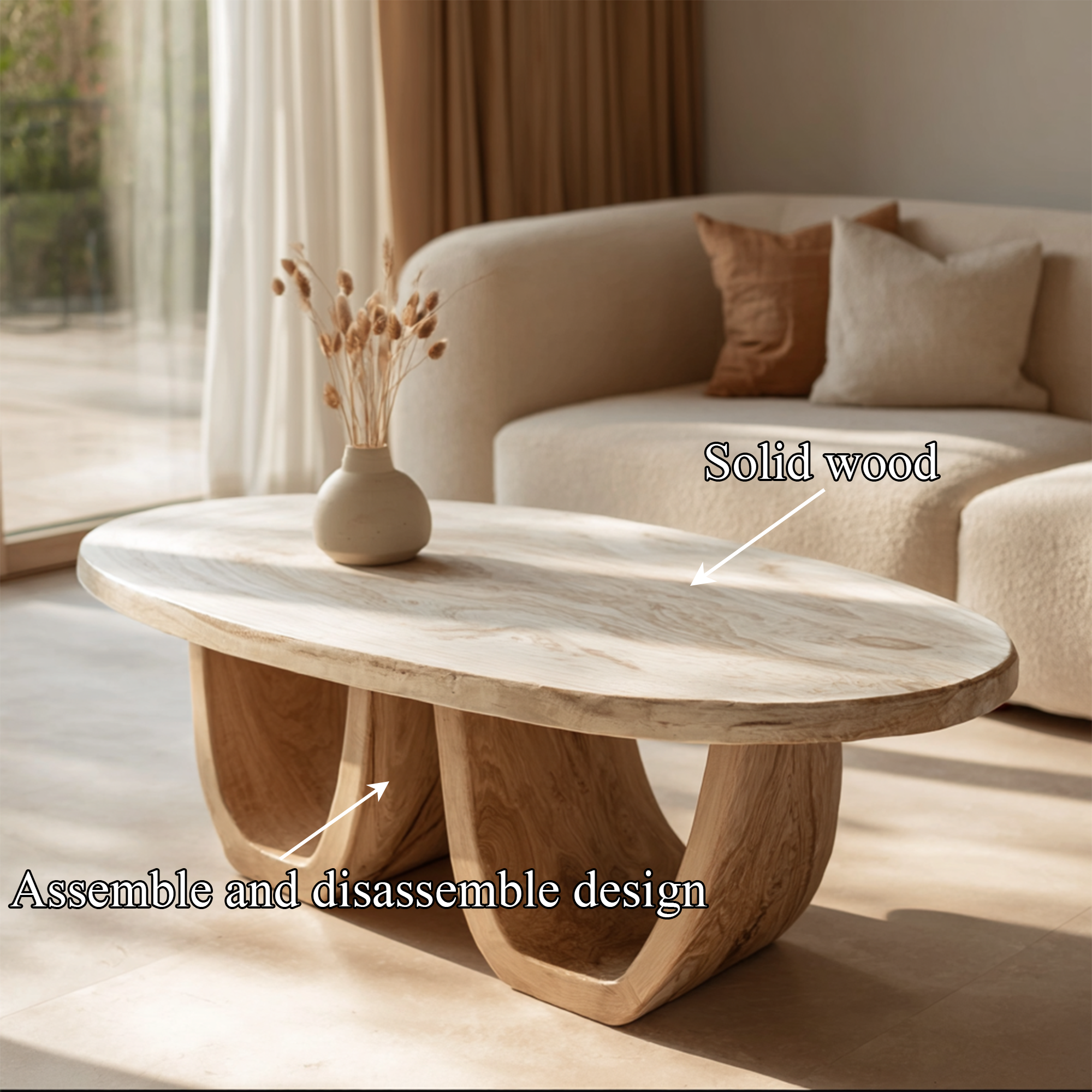 Elegant Oval Solid Wood Coffee Table Sculptural Twin Base Calm Modern Living Room Interior SINLKICF298