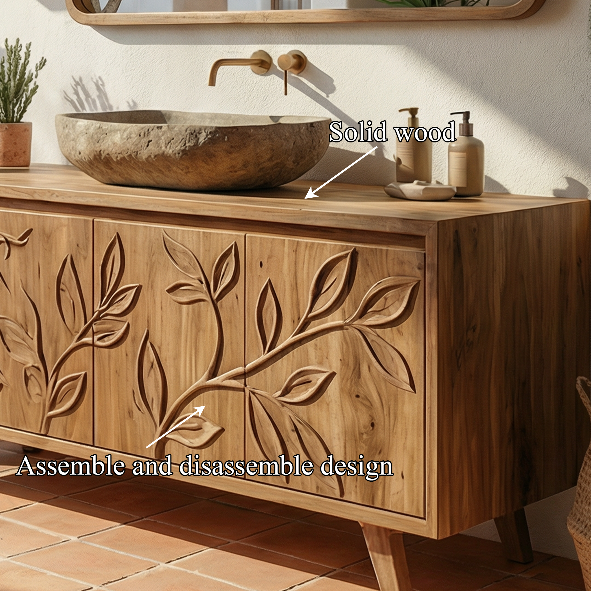 Mediterranean Solid Wood Bathroom Vanity Floral Carved Freestanding Cabinet SINLKIBRV279