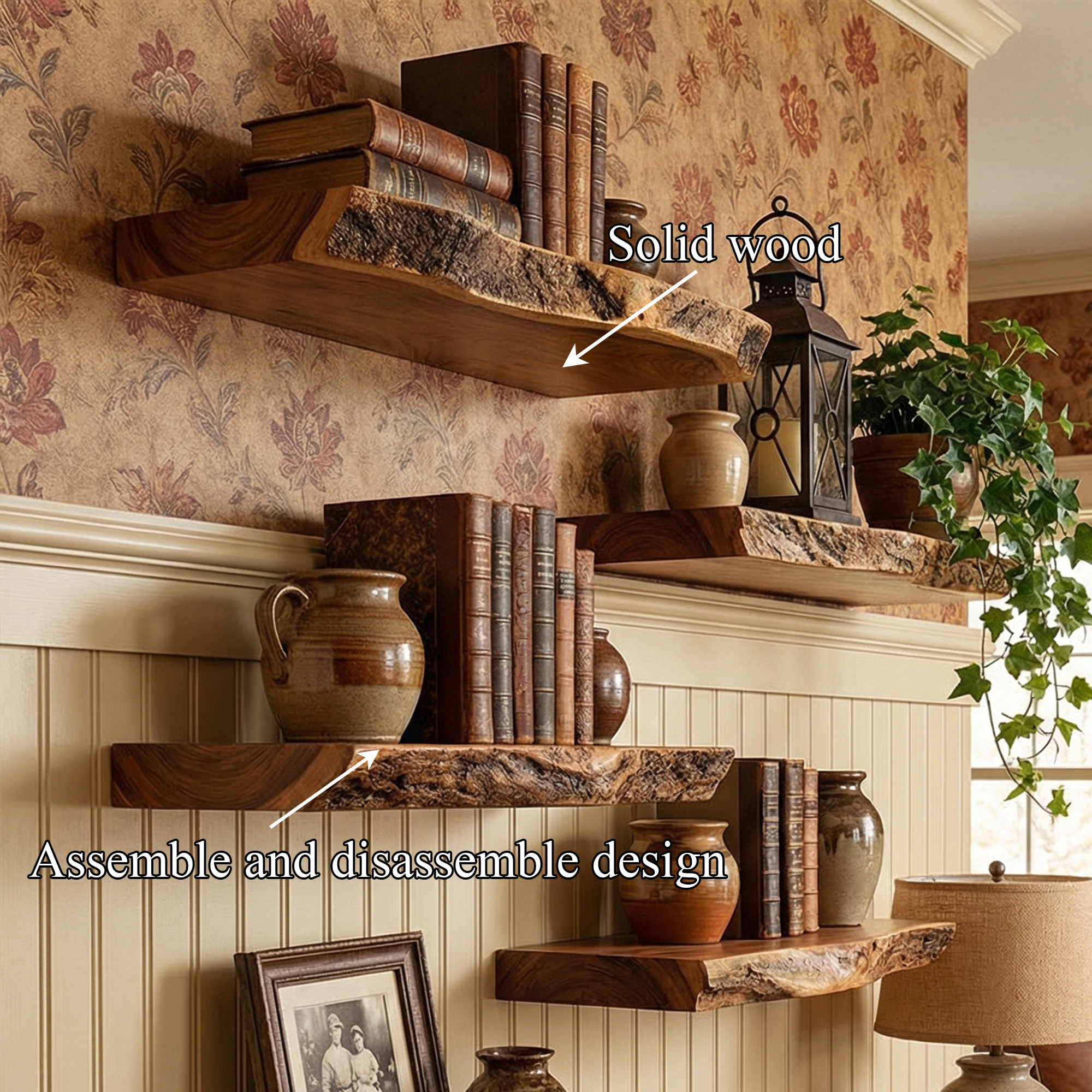 Rustic Floating Wall Shelves Solid Wood Vintage Home Display SINLKIFL504
