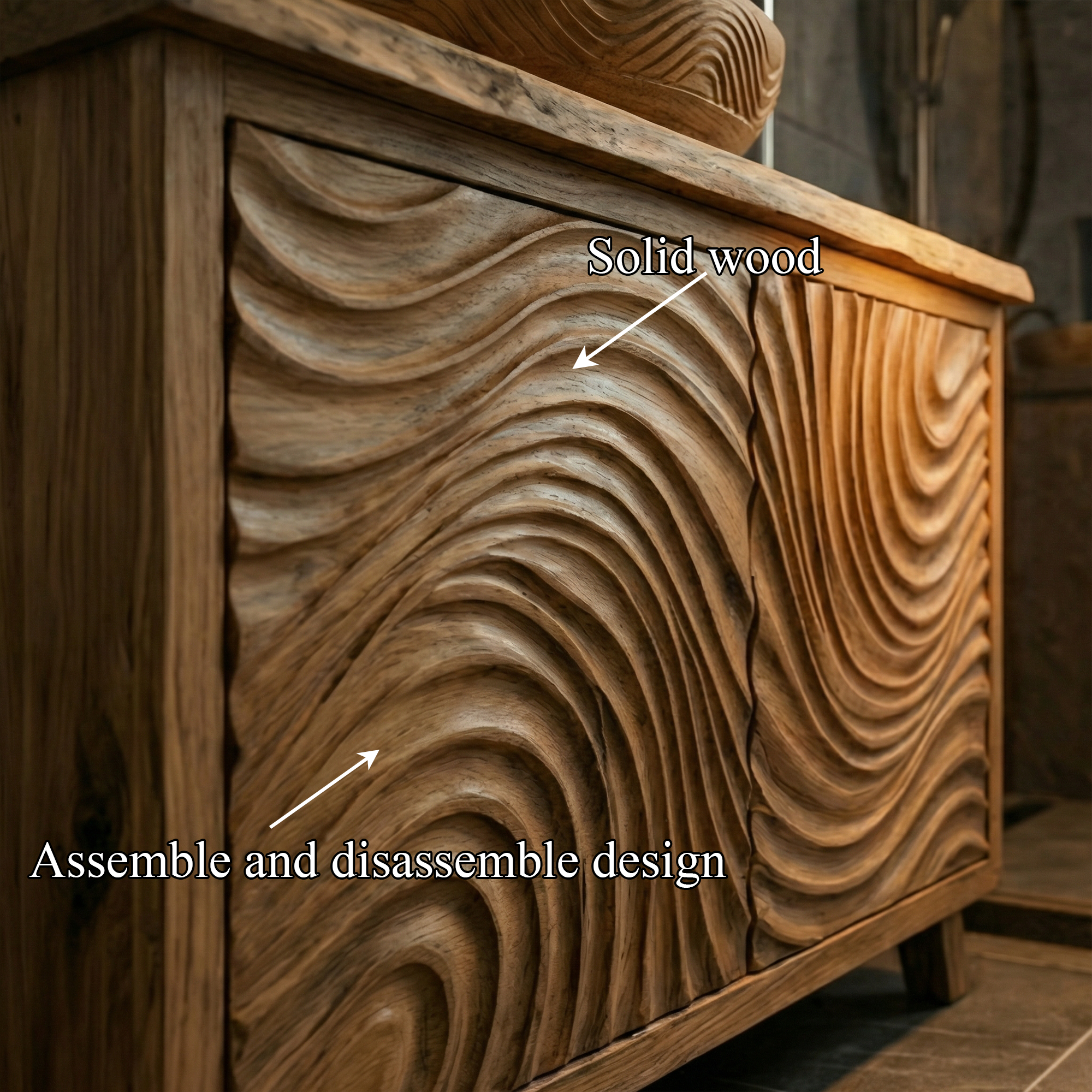 Modern Wave Carved Solid Wood Bathroom Vanity Freestanding Cabinet SINLKIBRV282