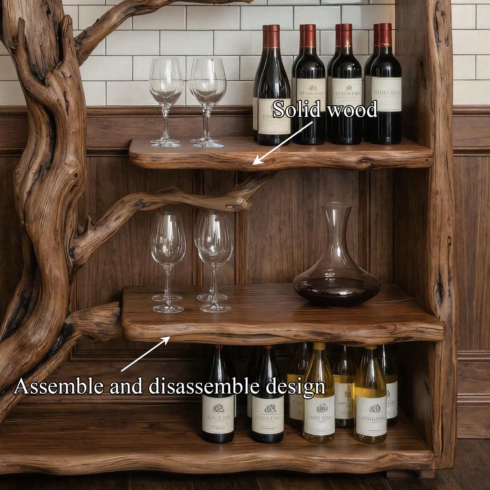 Organic Tree Branch Wine Rack Wooden Wall Shelf For Kitchen Dining Room Home Bar SINLKIWR005