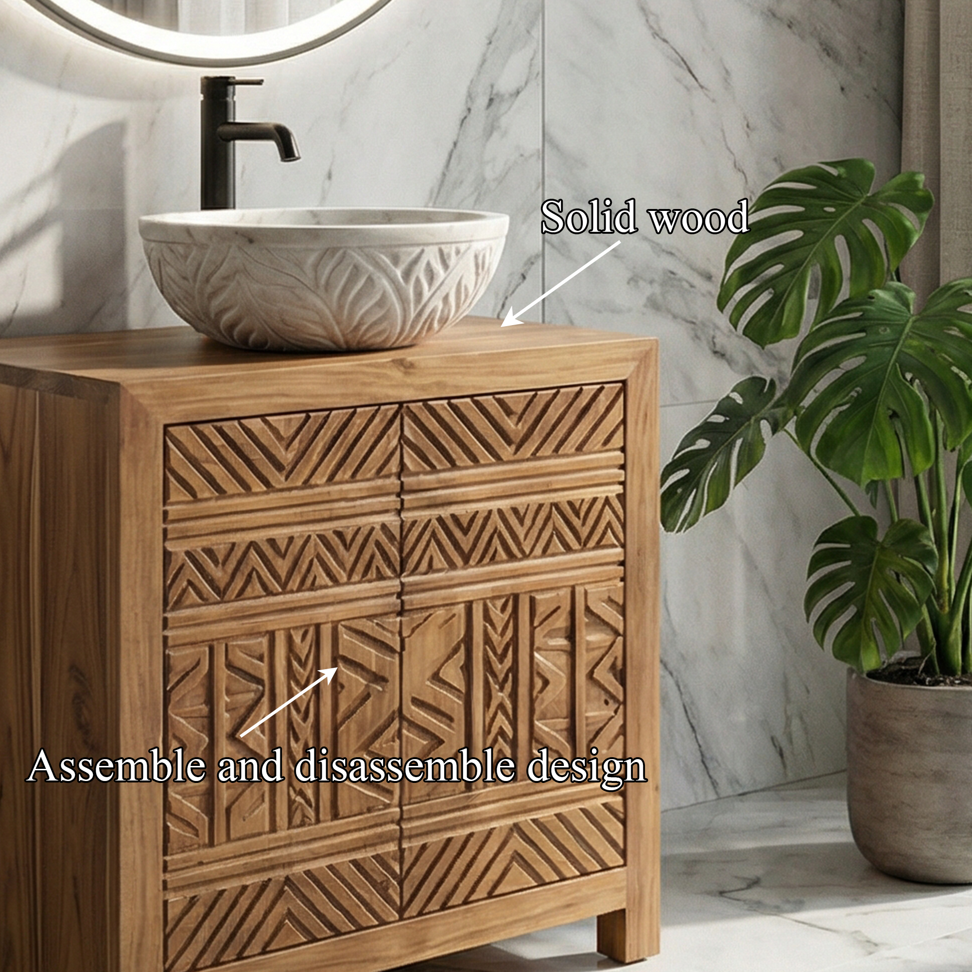 Tribal Geometric Solid Wood Bathroom Vanity Compact Storage Cabinet SINLKIBRV281