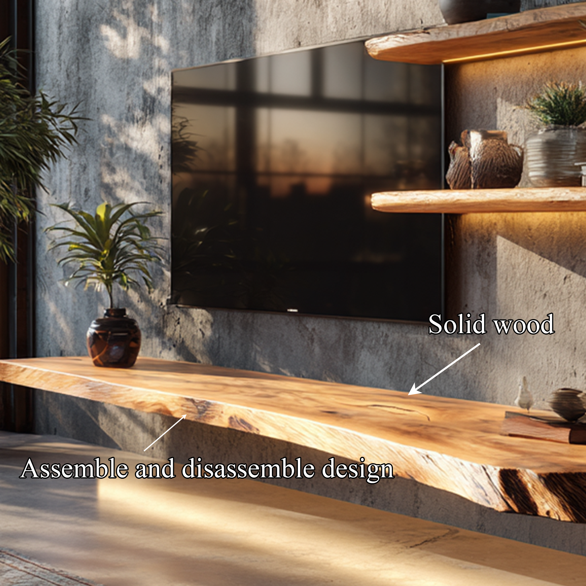 Organic Solid Wood TV Wall Shelf Soft Glow Interior Decor SINLKIFL399