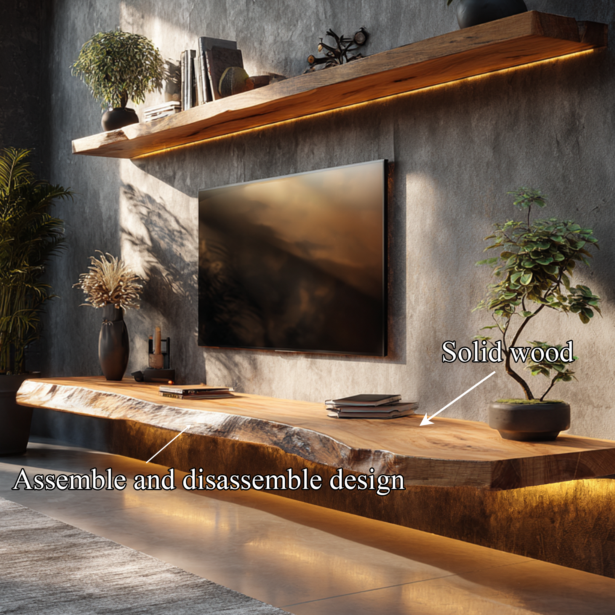 Handcrafted Live Edge Media Shelf Solid Wood Living Room Interior Architectural Feature SINLKIFL400