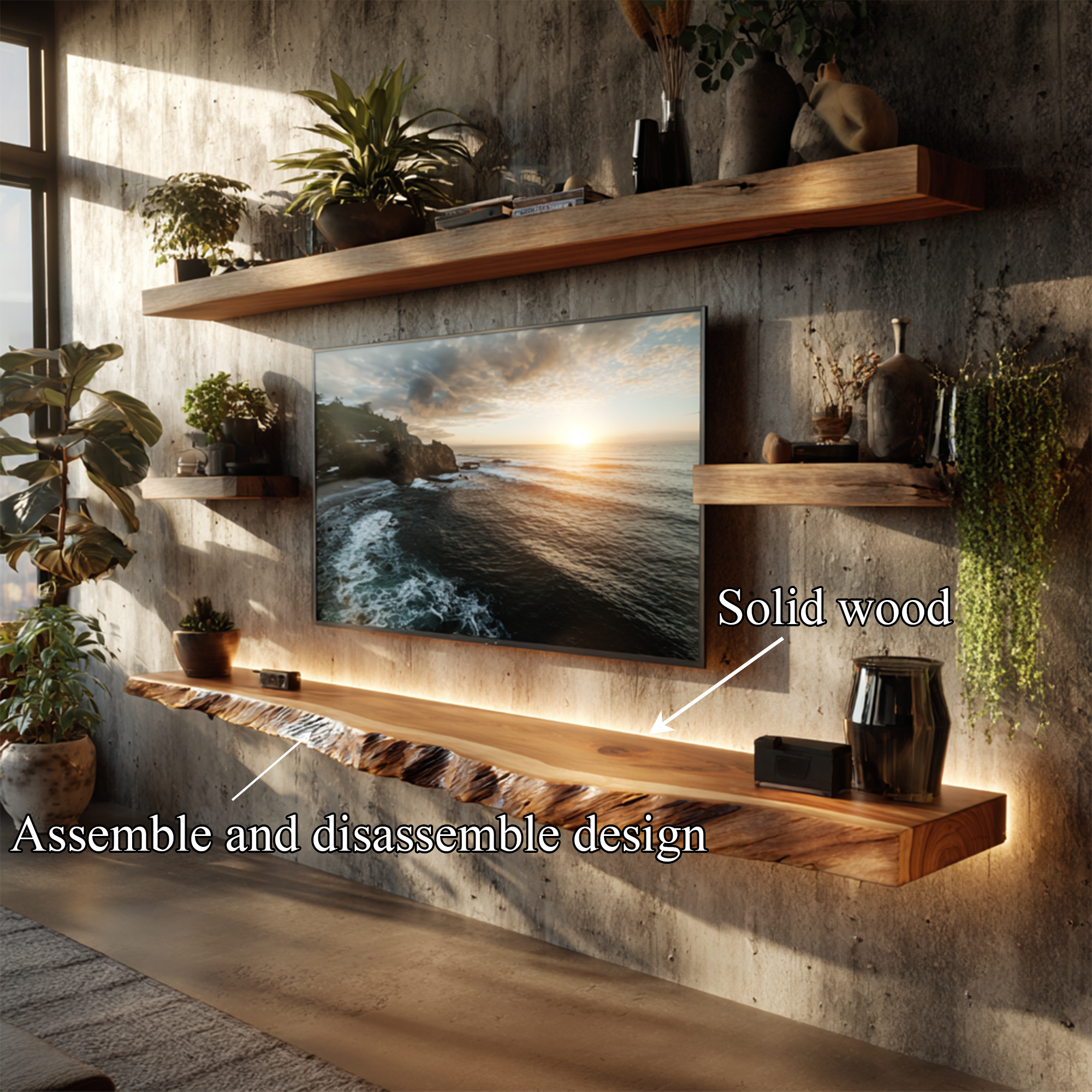 Artistic Live Edge Floating TV Shelf Solid Wood Living Room Interior Signature Furniture SINLKIFL403