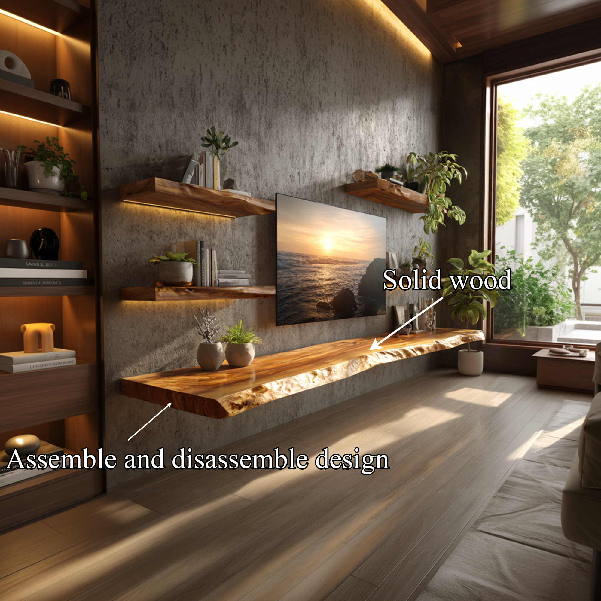 Rustic Artistic Live Edge Floating TV Shelf Solid Wood Living Room Interior Signature Furniture SINLKIFL404