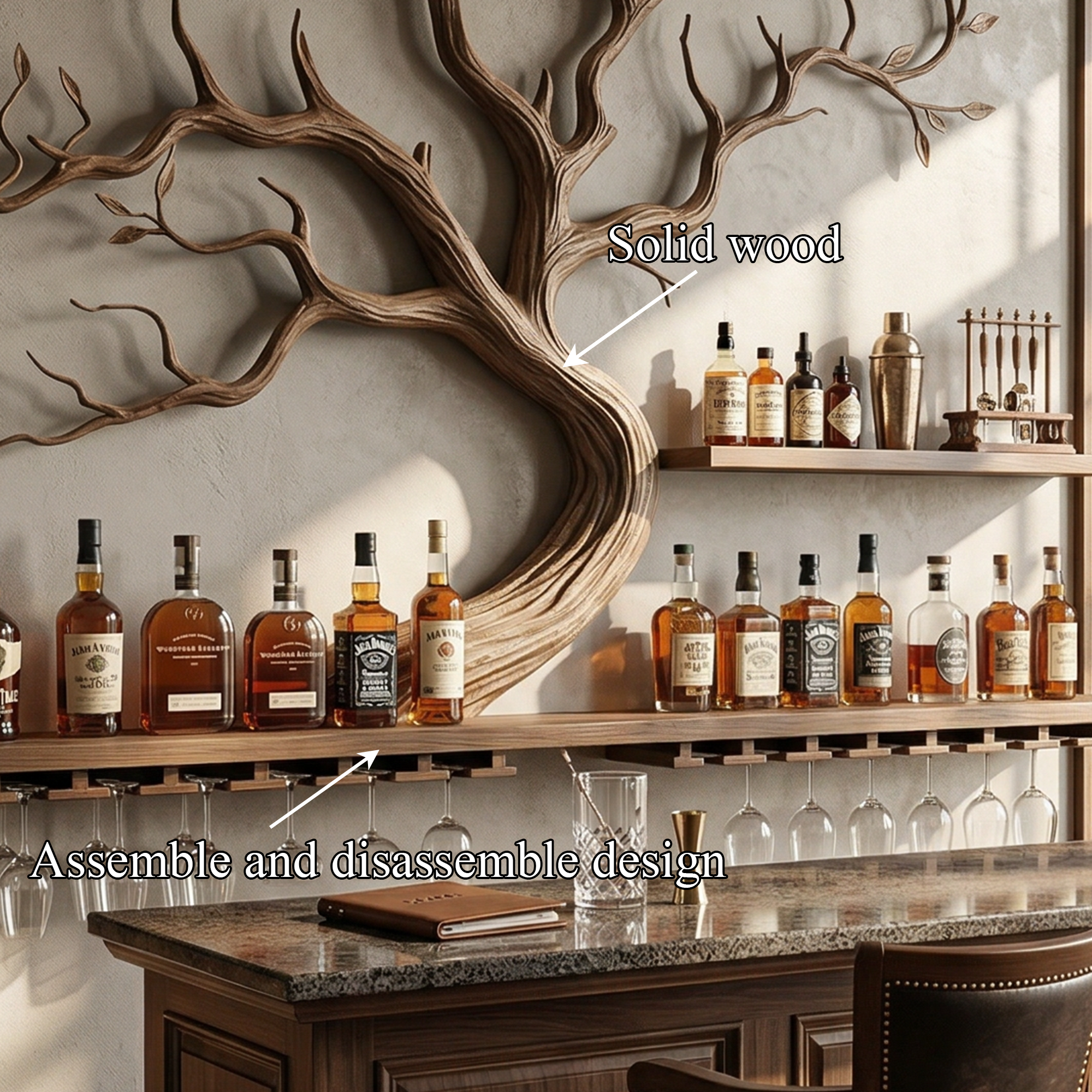Artistic Tree Branch Wine Rack Wooden Wall Shelf For Kitchen Dining Room Bar SINLKIWR014
