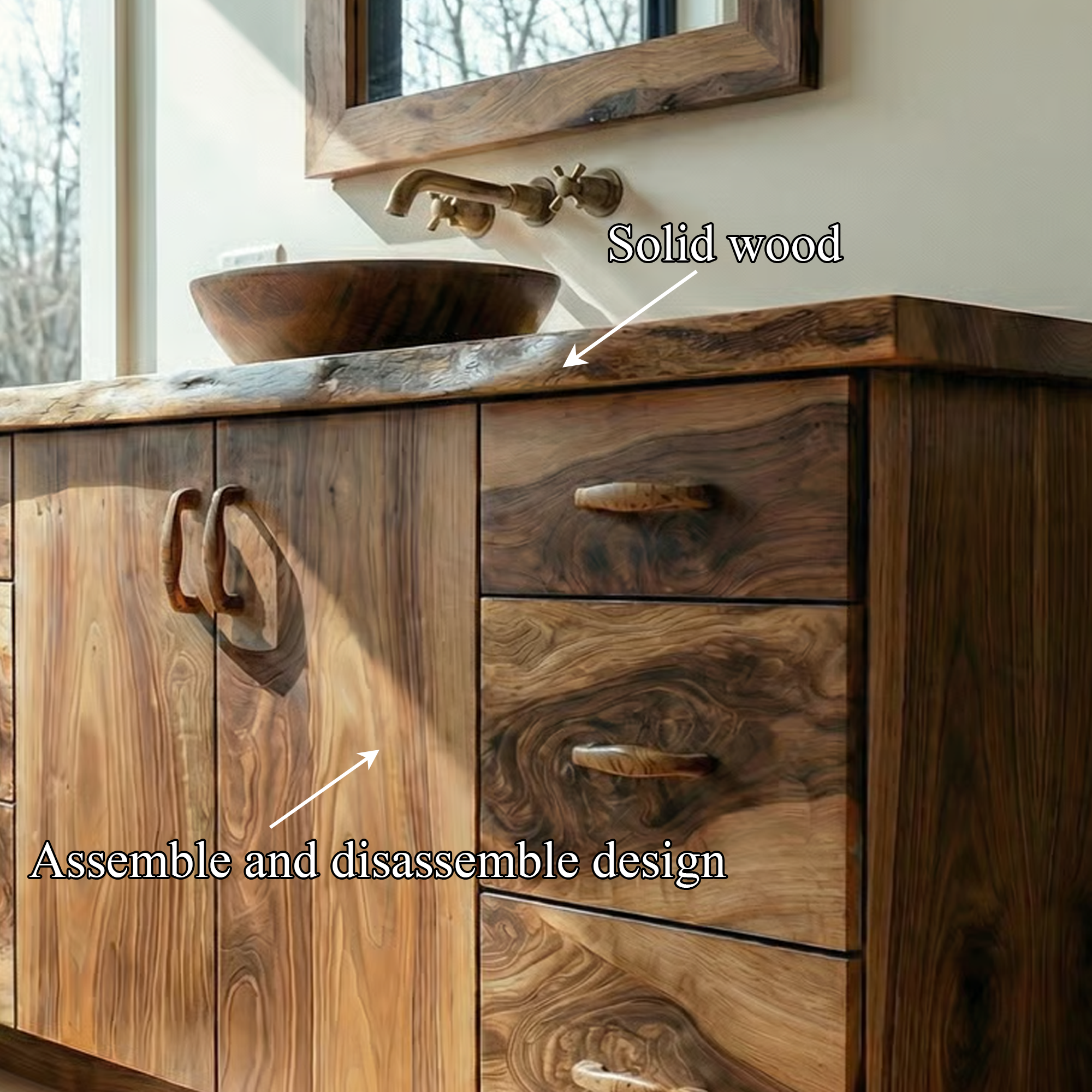 Rustic Solid Wood Bathroom Cabinet Natural Grain Storage Vanity SINLKIBRV270