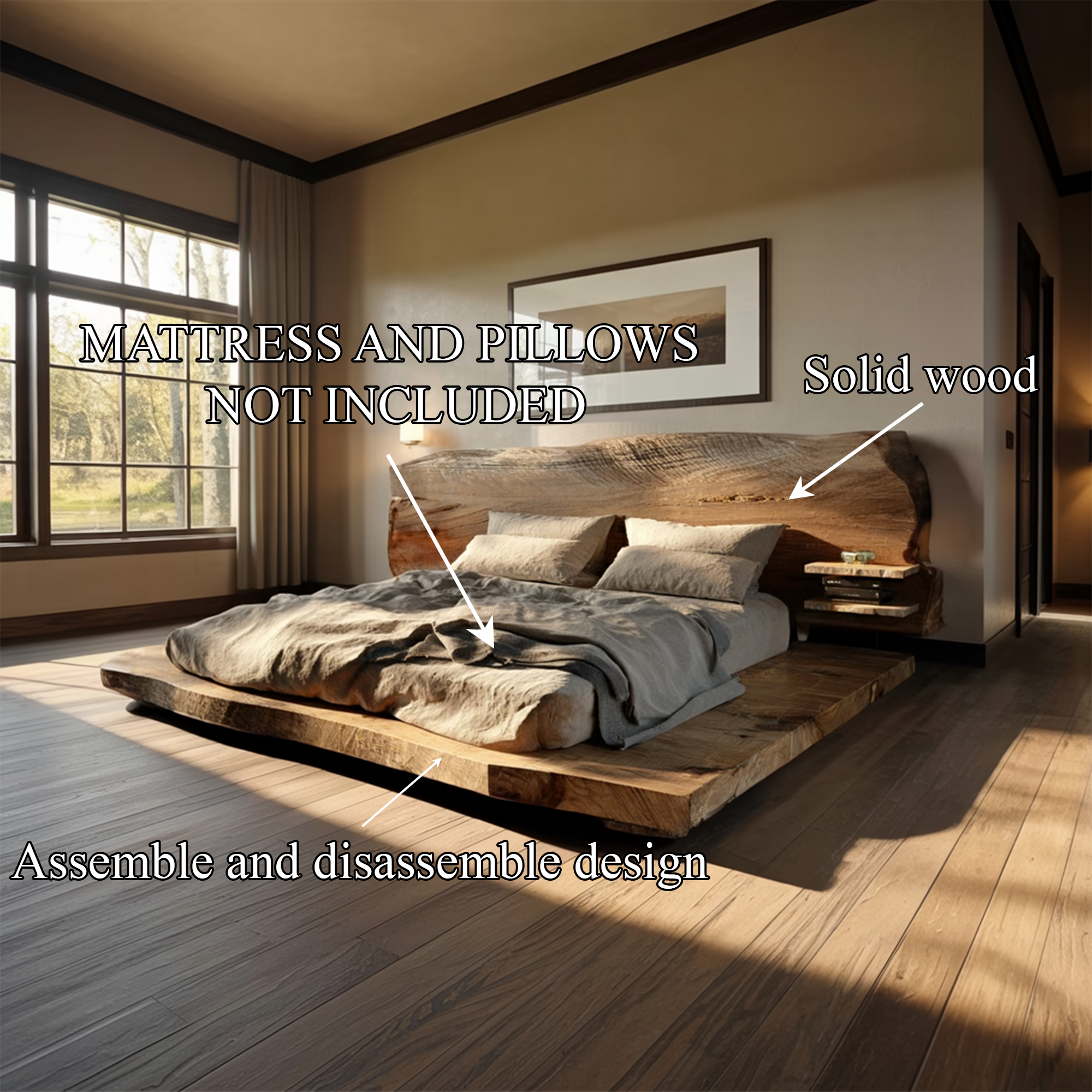 Rustic Solid Wood Platform Bed Bedroom SINLKIWB079
