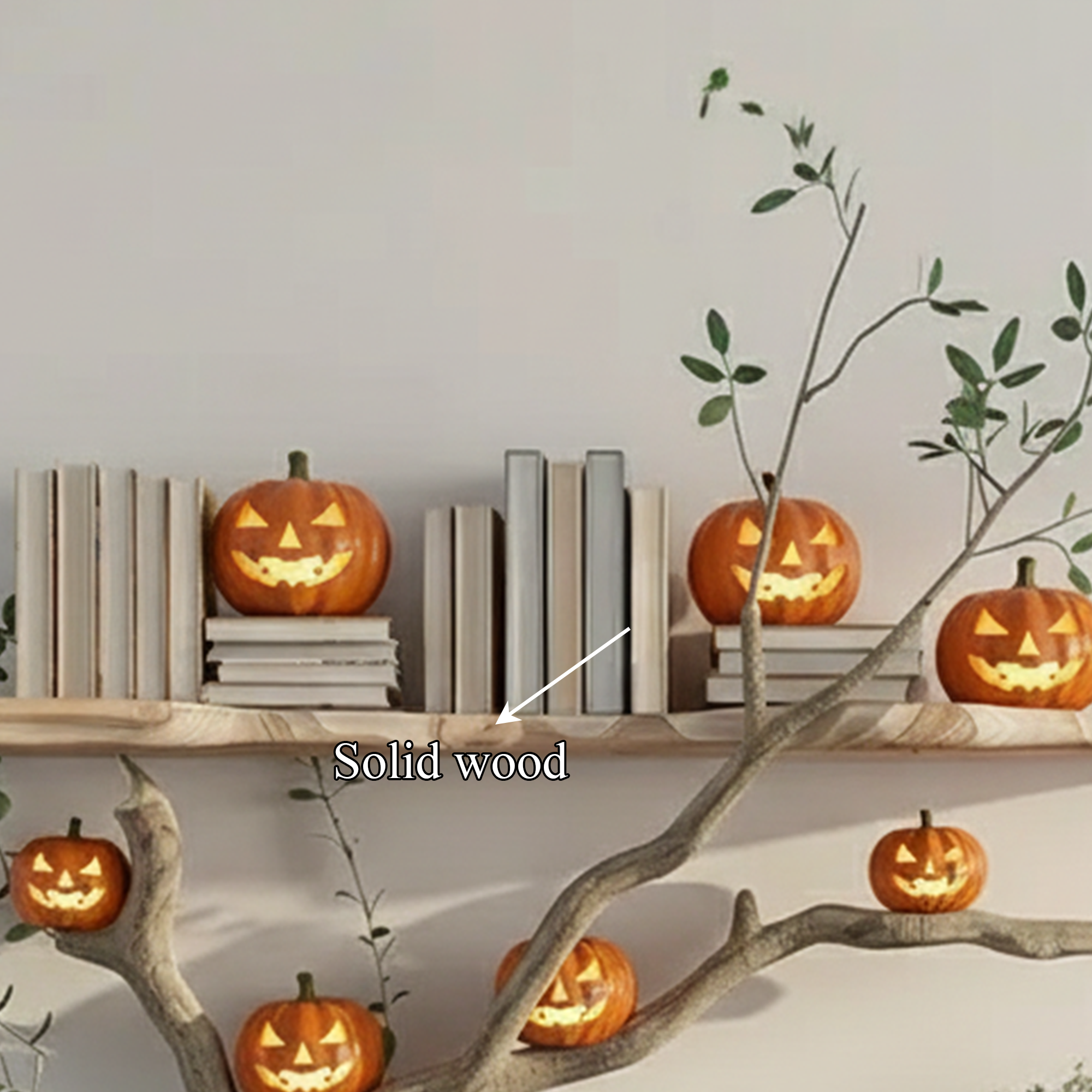 Mid Century Wooden Wall Bookshelf With Tree Branch Design Halloween Style SINLKIHW051