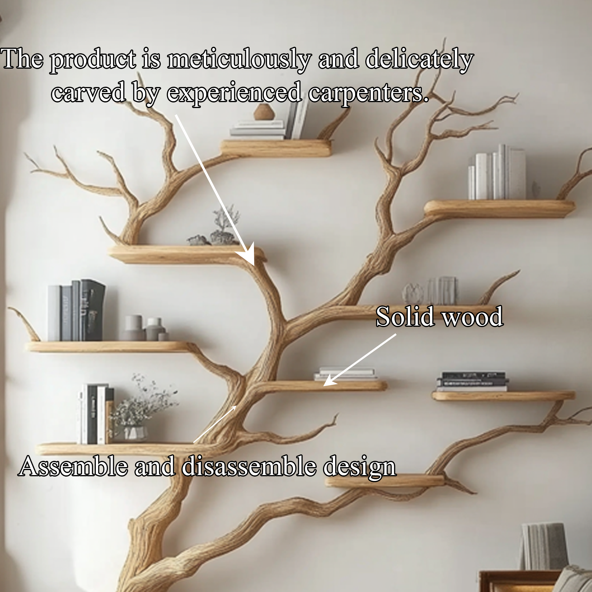 Rustic Handcrafted Tree Wall Bookshelf Living Room Interior Feature Furniture SINLKITB618