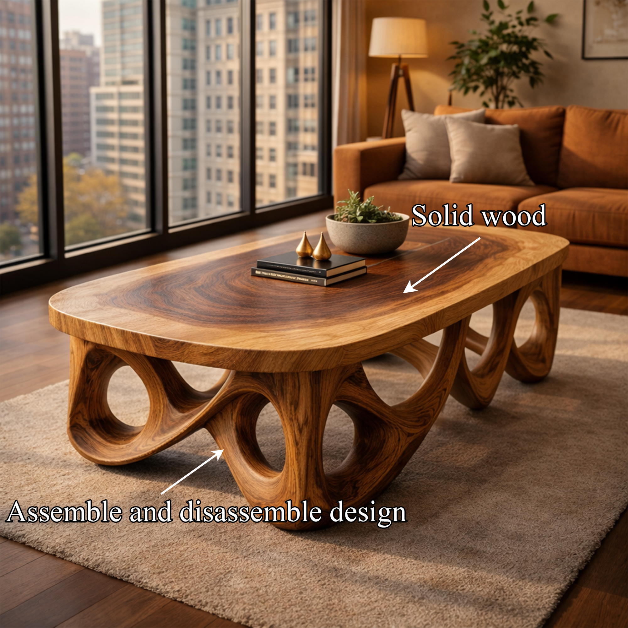 Urban Sculpted Solid Wood Coffee Table Flowing Arch Base Modern Living Room Interior SINLKICF301