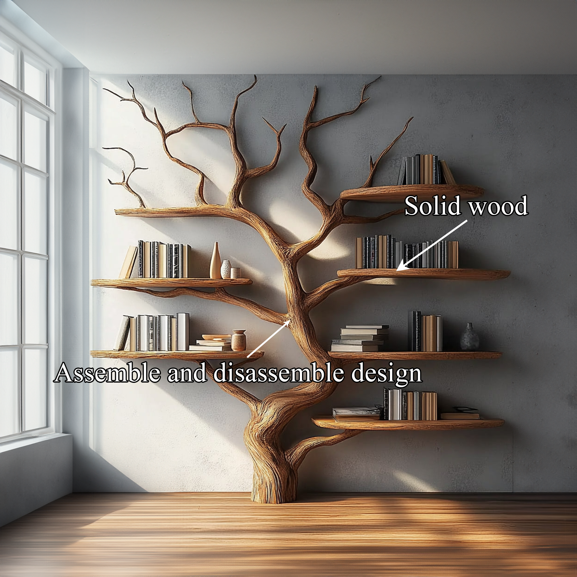 Rustic Tree Wall Shelf Solid Wood Minimal Artistic Design Living Room SINLKITB555