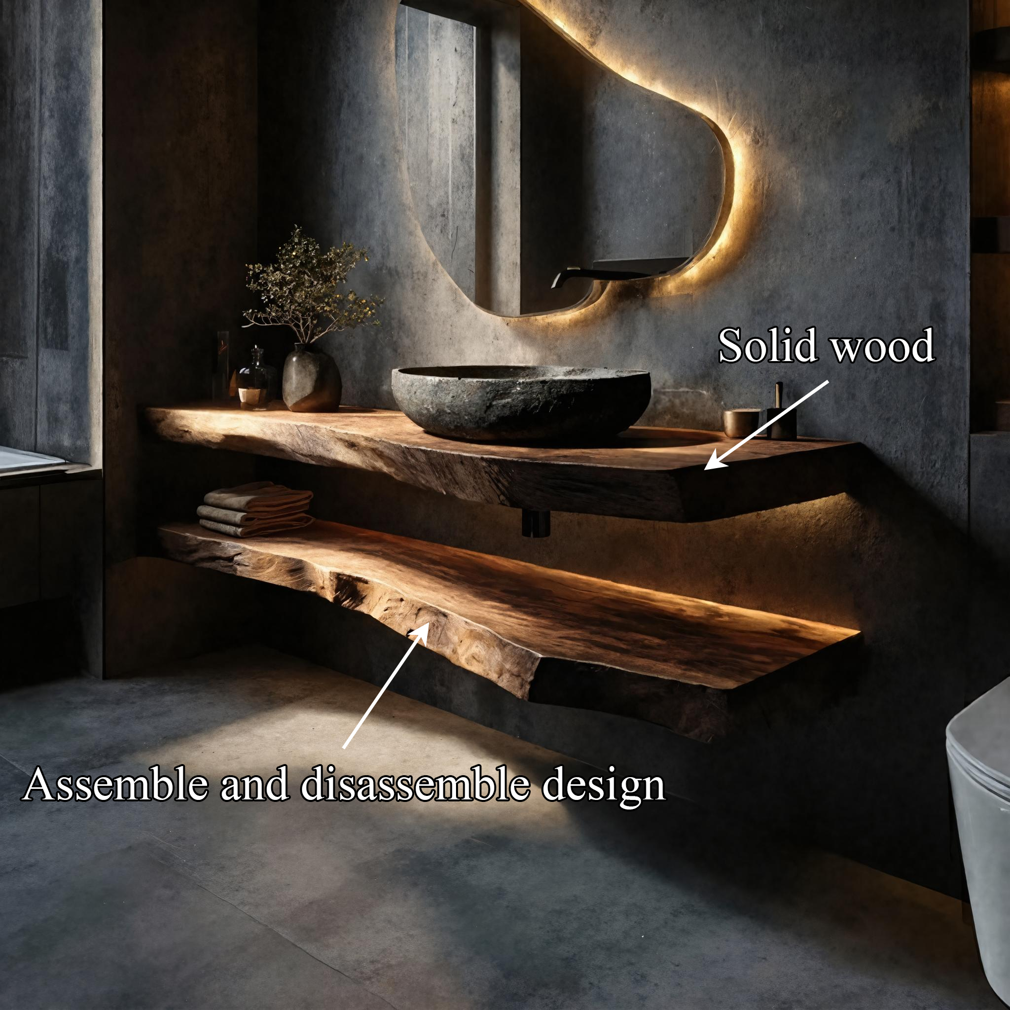 Rustic Bathroom Vanity Floating Live Edge Counter Shelf SINLKIBRV248