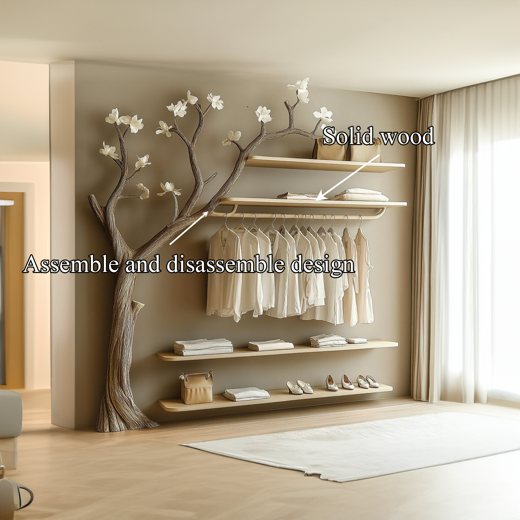 Rustic Organic Tree Wardrobe Shelf Blooming Living Room SINLKITB551