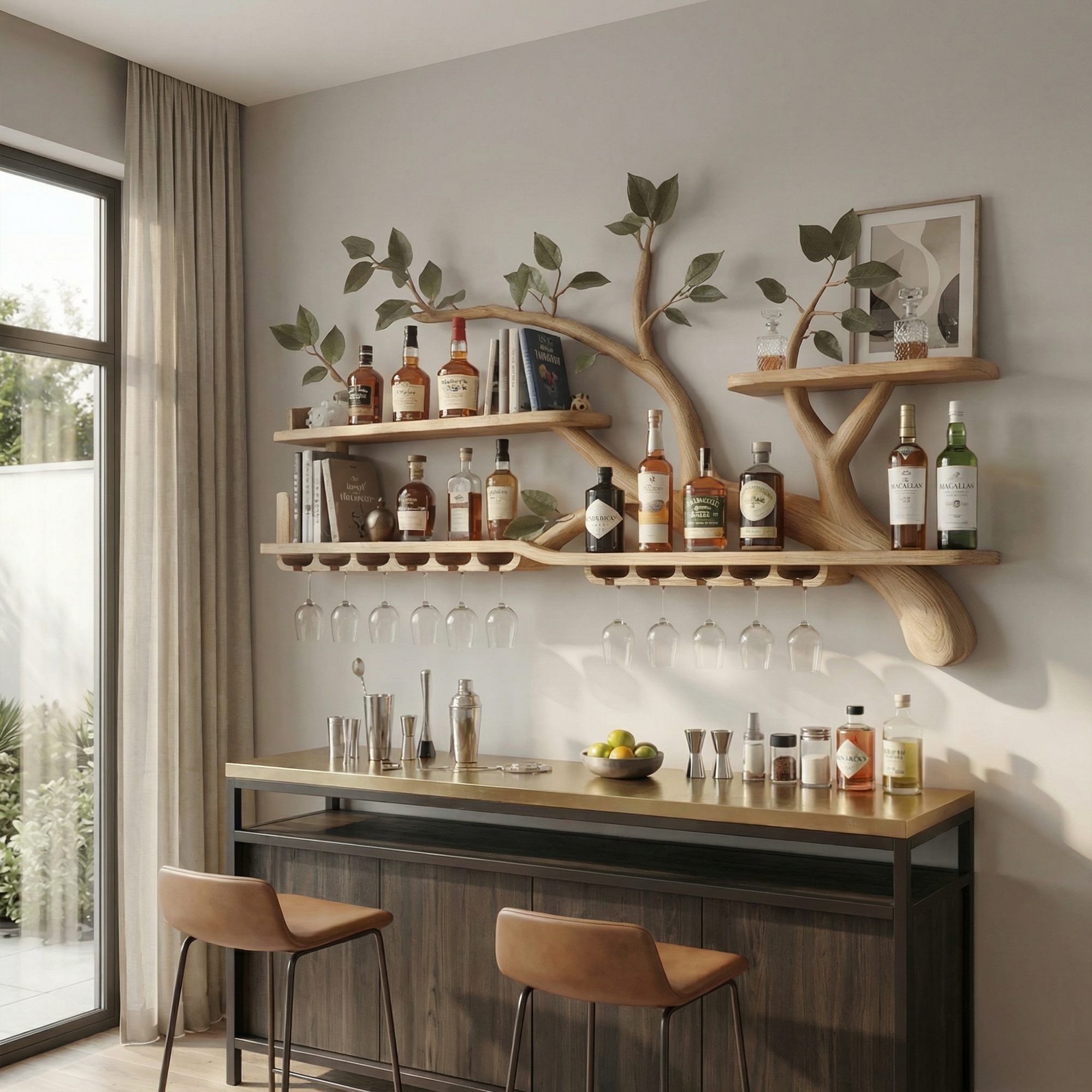 Organic Tree Branch Wine Rack Wooden Wall Mounted Shelf For Kitchen Dining Room Home Bar SINLKIWR019