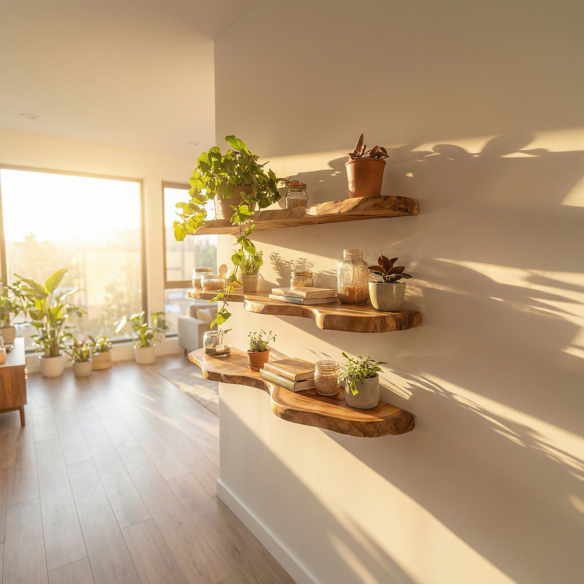 Modern Live Edge Floating Wall Shelves Natural Wood Organic Display SINLKIFL485