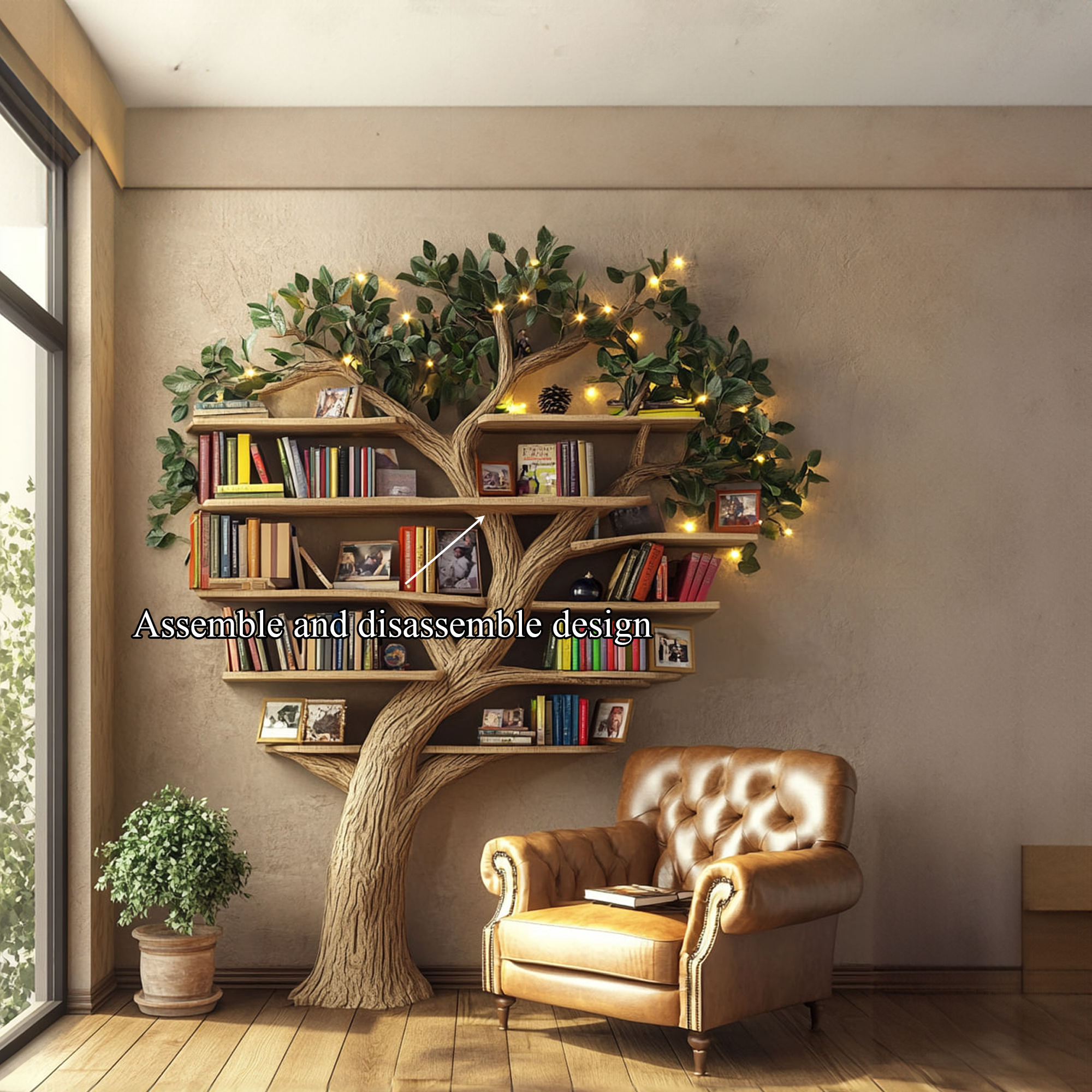 Rustic Tree Wall Bookshelf Warm Reading Corner SINLKITB534