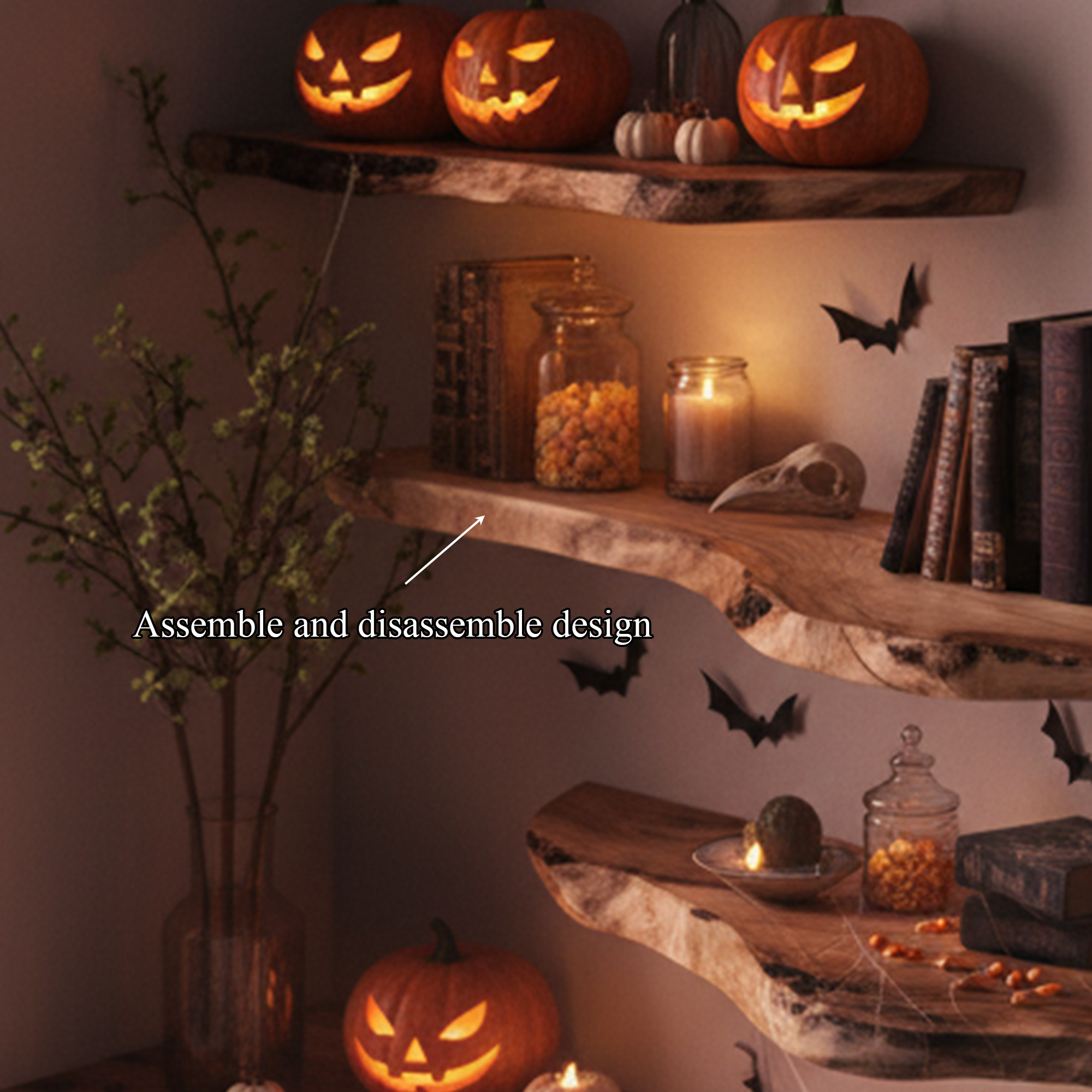 Mid Century Halloween Floating Shelf Natural Wood Wall Decor SINLKIHW044