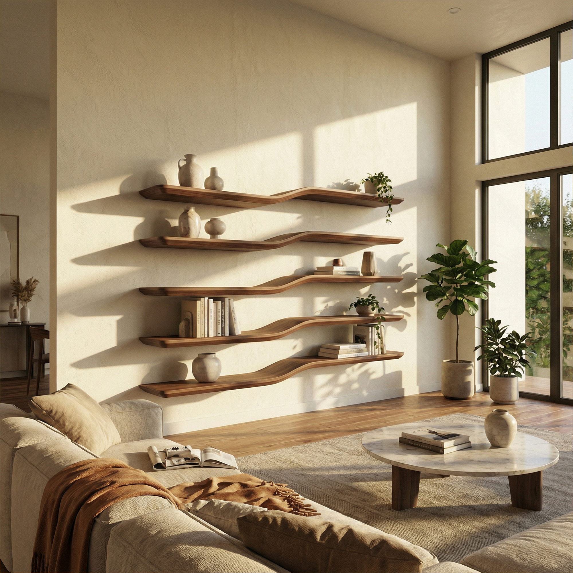 Modern Sculptural Wave Wall Shelves Floating Wood Display SINLKIFL479