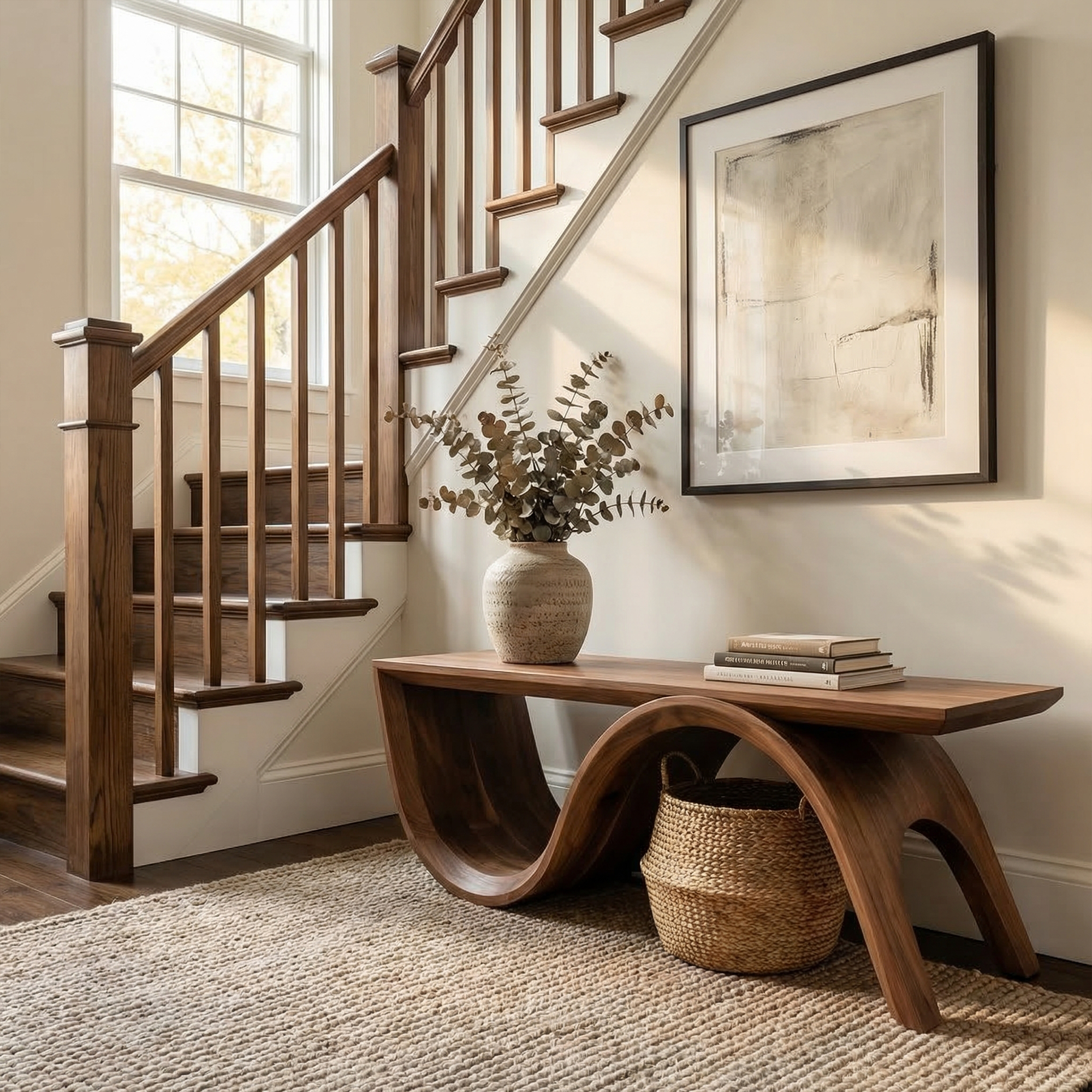 Mid Century Solid Wood Bench Sculptural Curved Base Entryway And Living Room SINLKIRS088