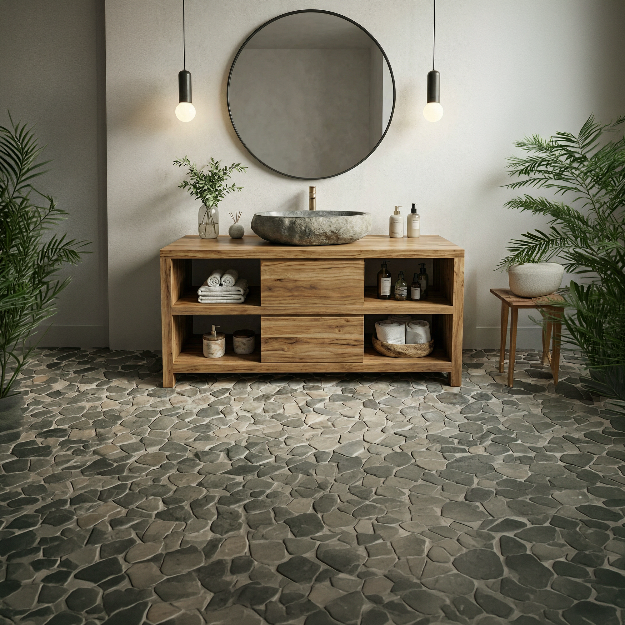 Modern Minimal Solid Wood Bathroom Vanity Open Shelf Storage Cabinet SINLKIBRV273