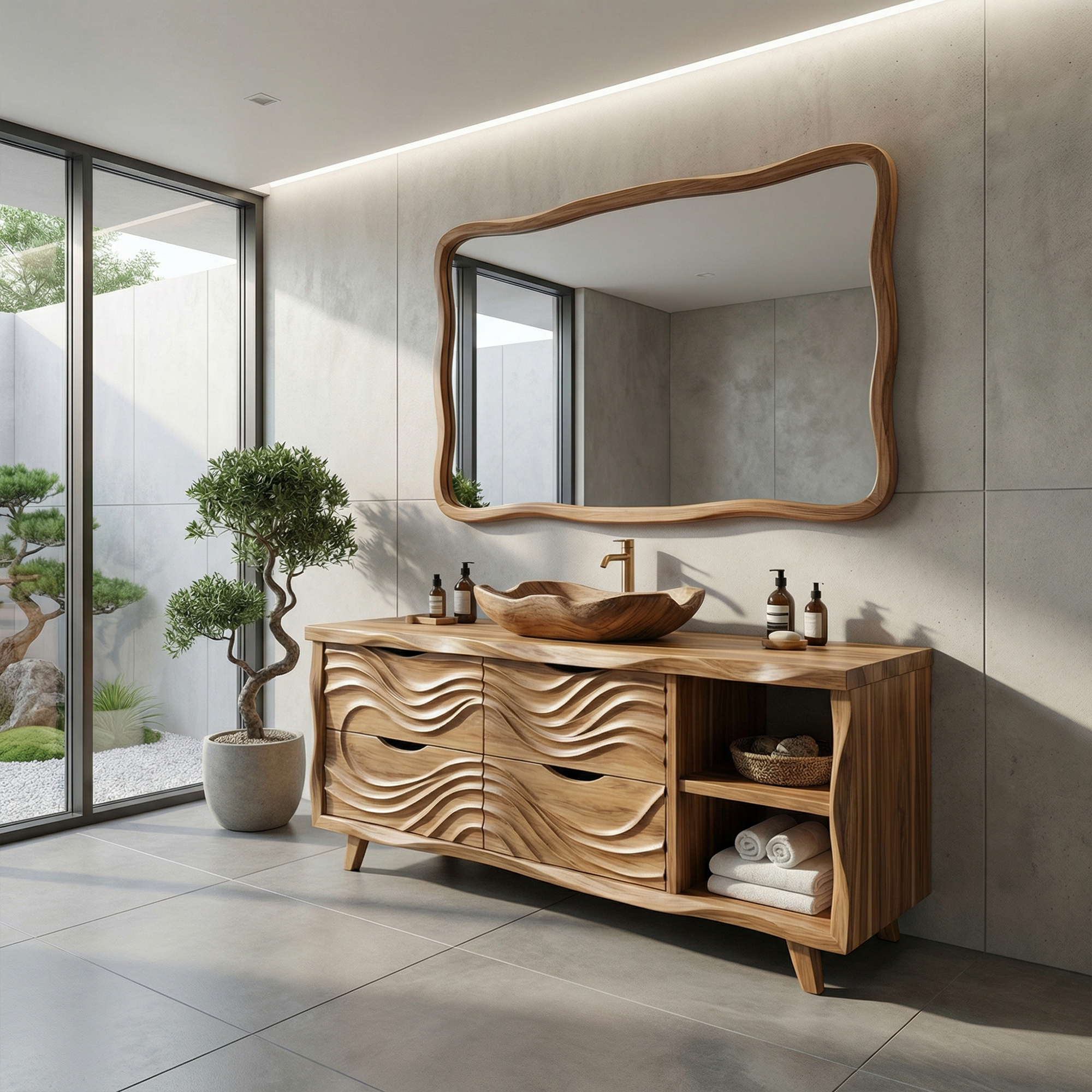 Organic Rustic Solid Wood Bathroom Vanity Wave Carved Storage Cabinet SINLKIBRV277