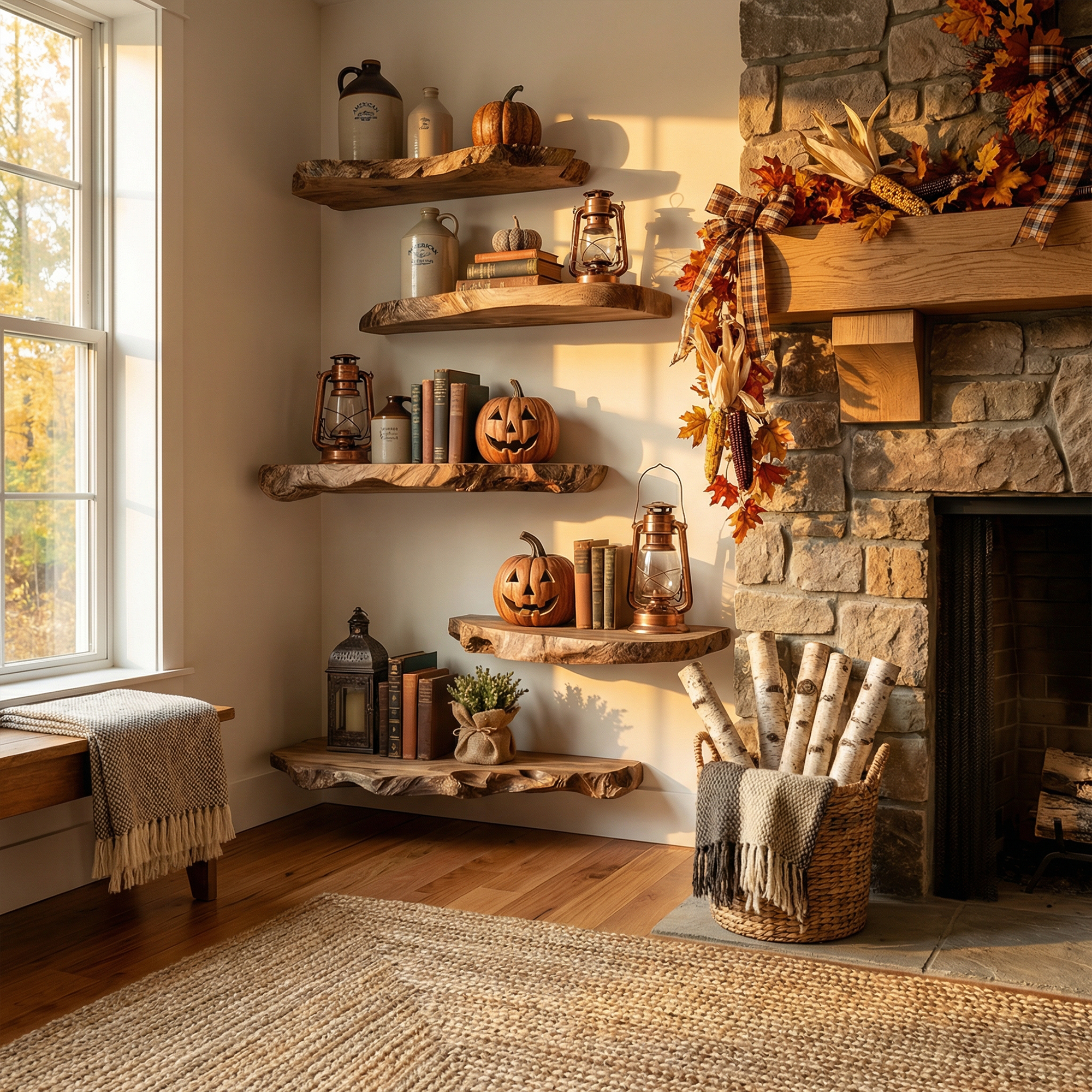 Modern Farmhouse Autumn Decor Floating Wall Shelves Solid Wood Display SINLKIFL496
