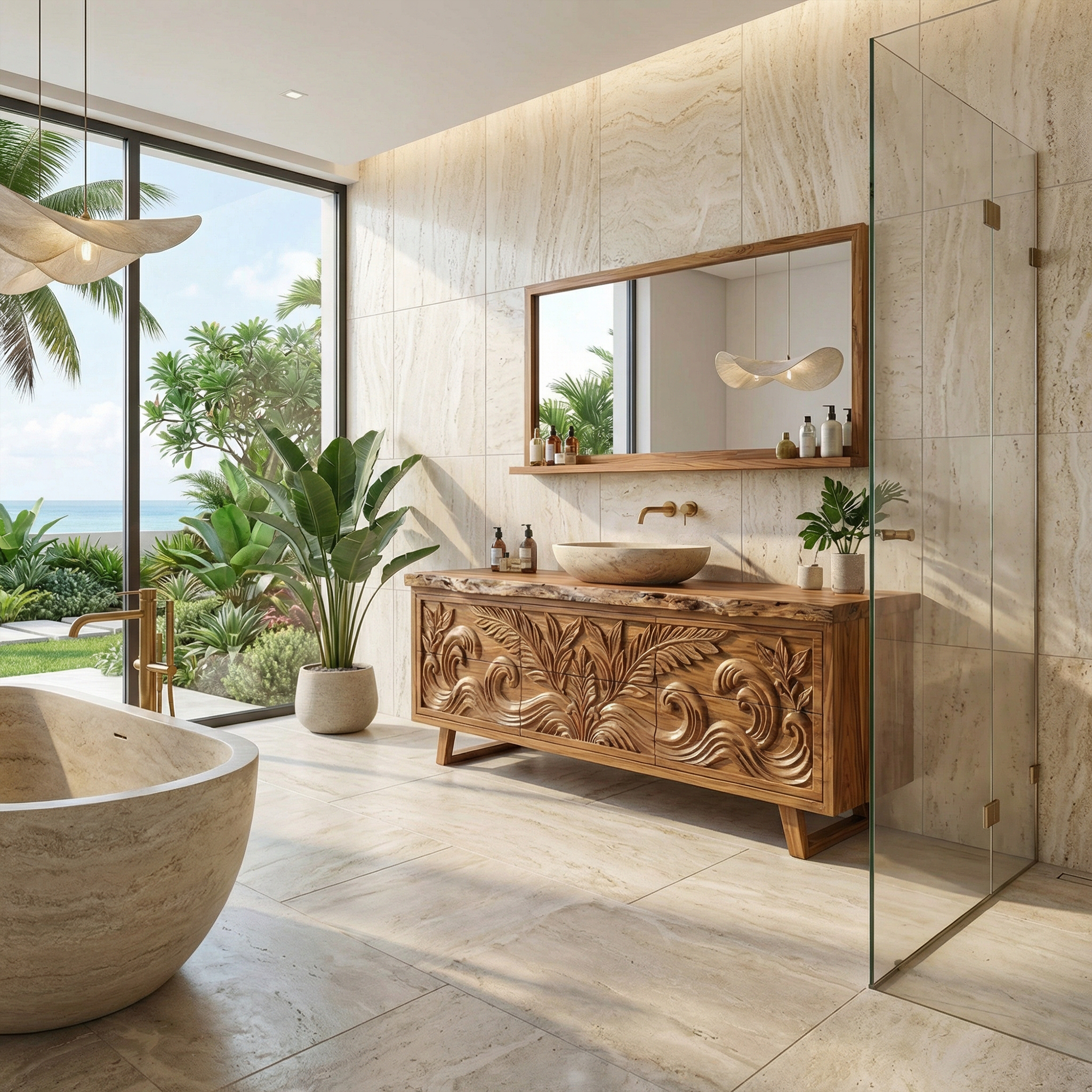 Luxury Tropical Hand Carved Solid Wood Bathroom Vanity Statement Cabinet SINLKIBRV276