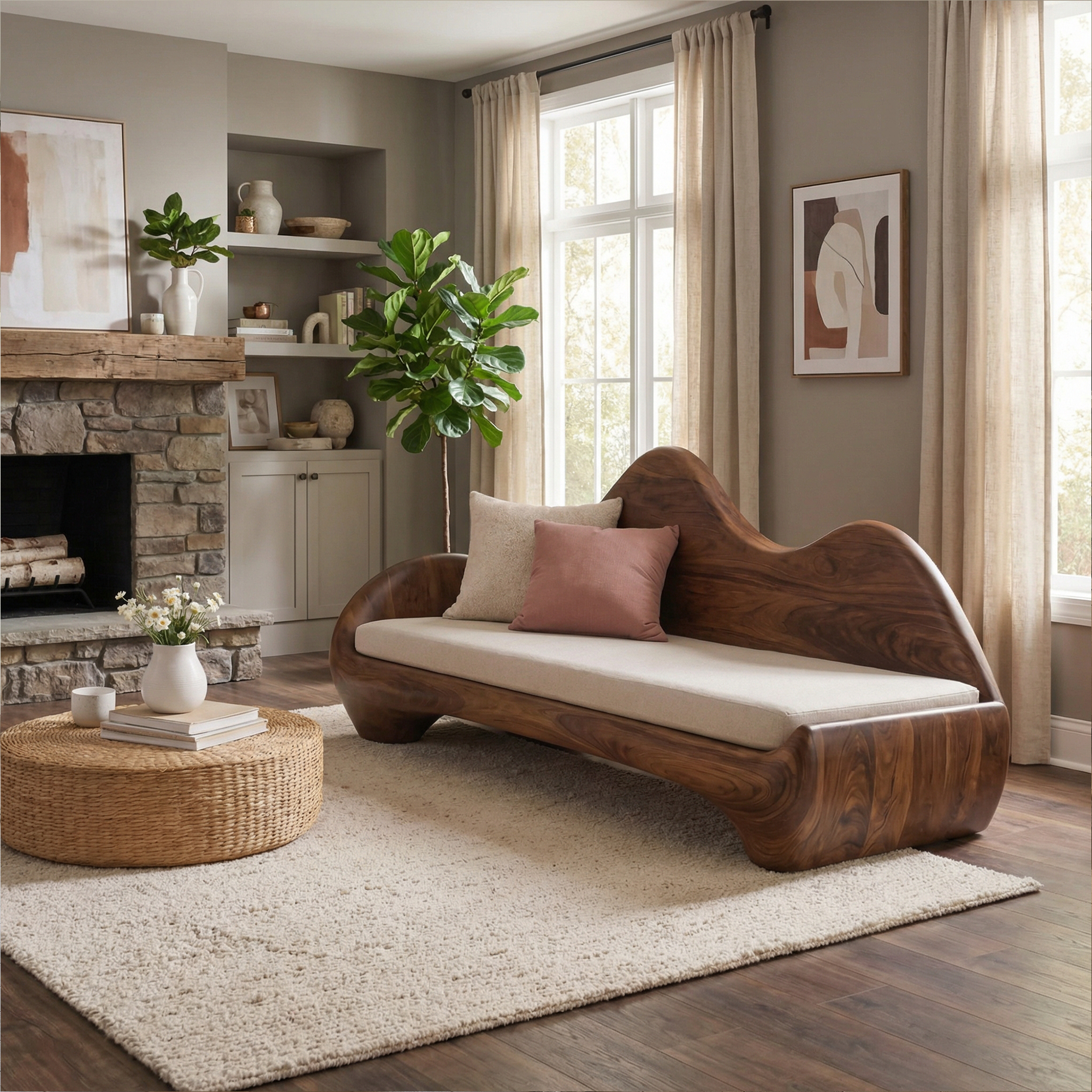 Modern Sculptural Wood Sofa Living Room Organic Curved Wooden Couch SINLKISF011