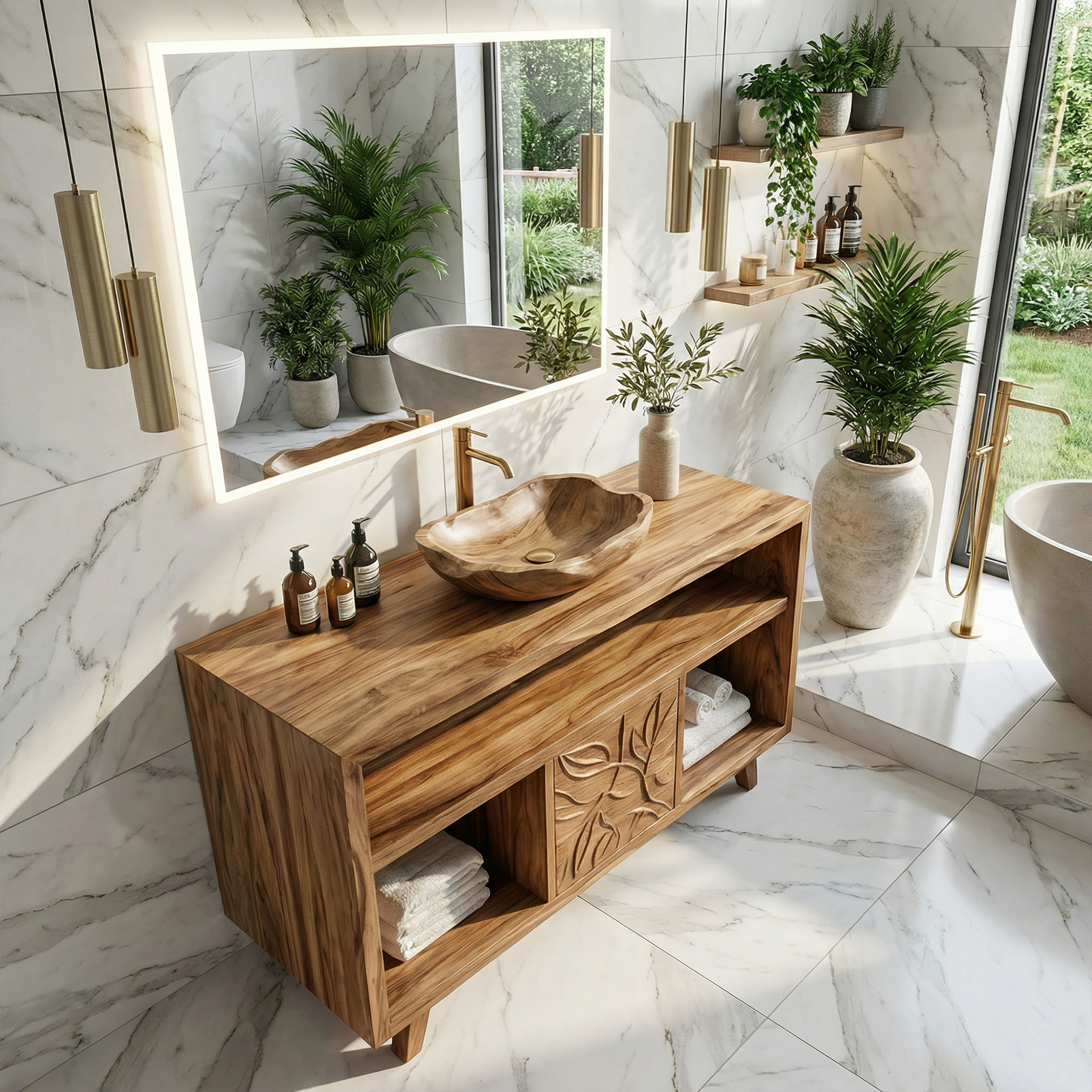 Contemporary Solid Wood Bathroom Vanity Open Niche Carved Door Cabine SINLKIBRV278