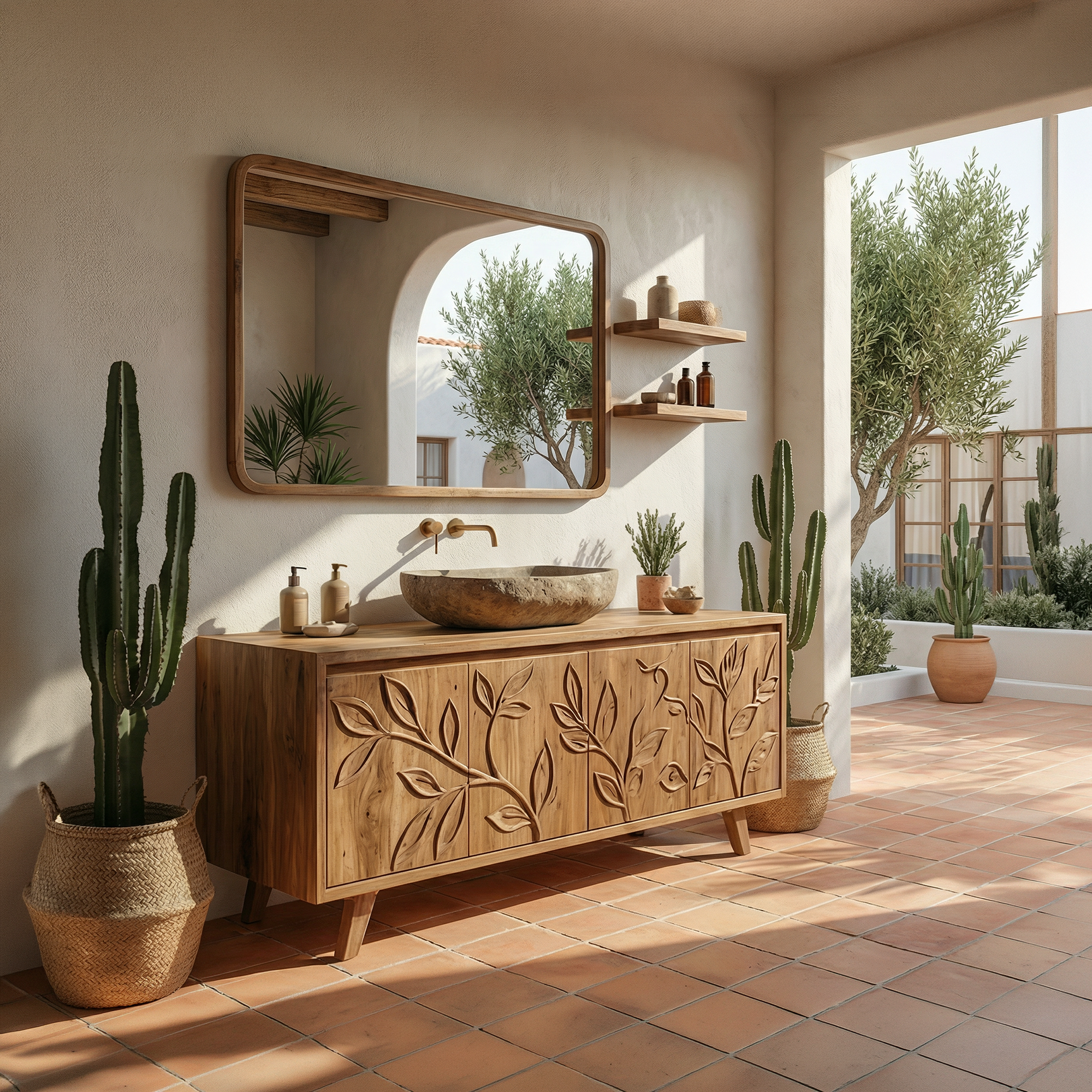 Mediterranean Solid Wood Bathroom Vanity Floral Carved Freestanding Cabinet SINLKIBRV279