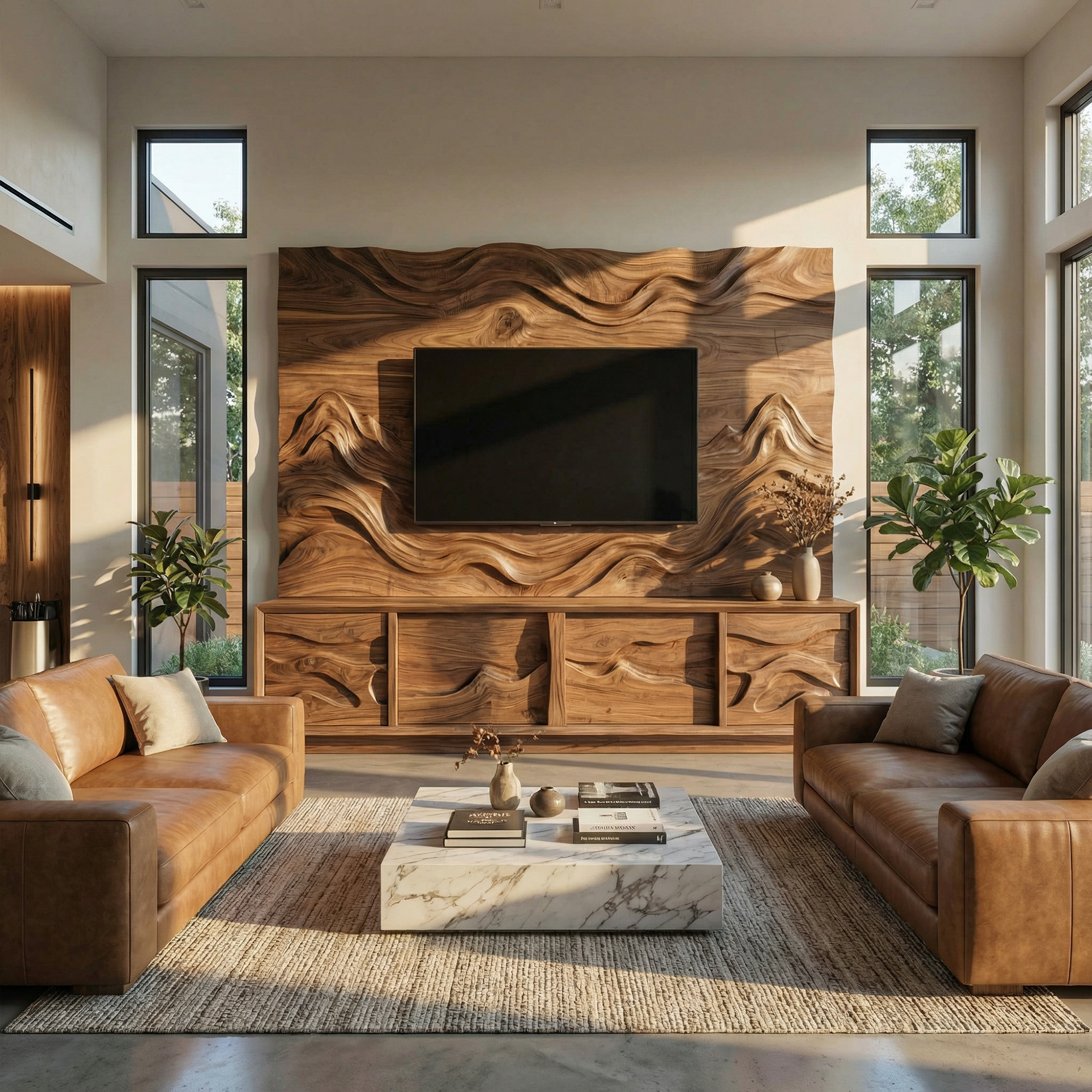 Modern Wood TV Cabinet With Sculptural Feature Wall Living Room SINLKISC498