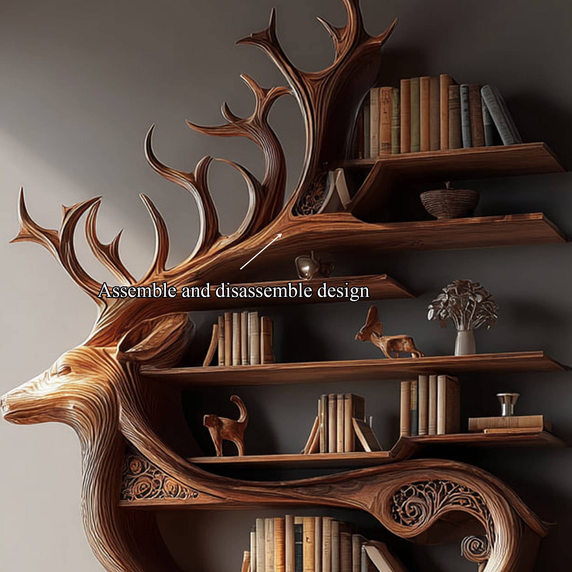 Rustic Wooden Bookshelf Console Deer Design Living Room SINLKISC099