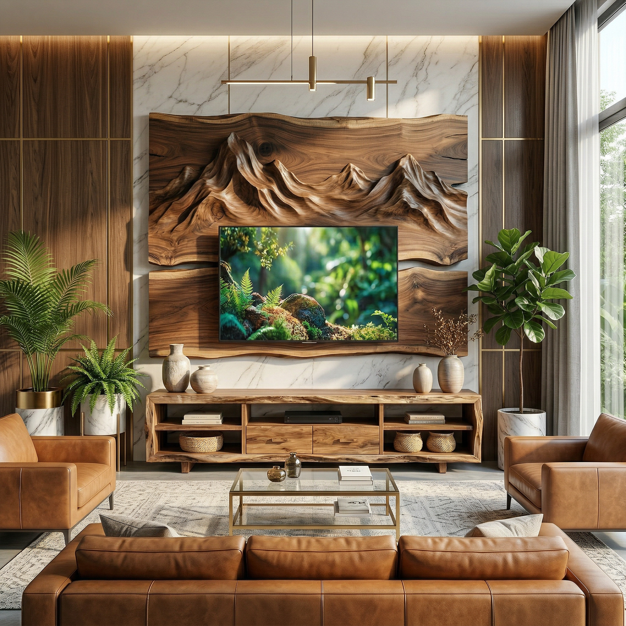 Set Rustic TV Cabinet And Wood Wall Panel Set Living Room SINLKISC496