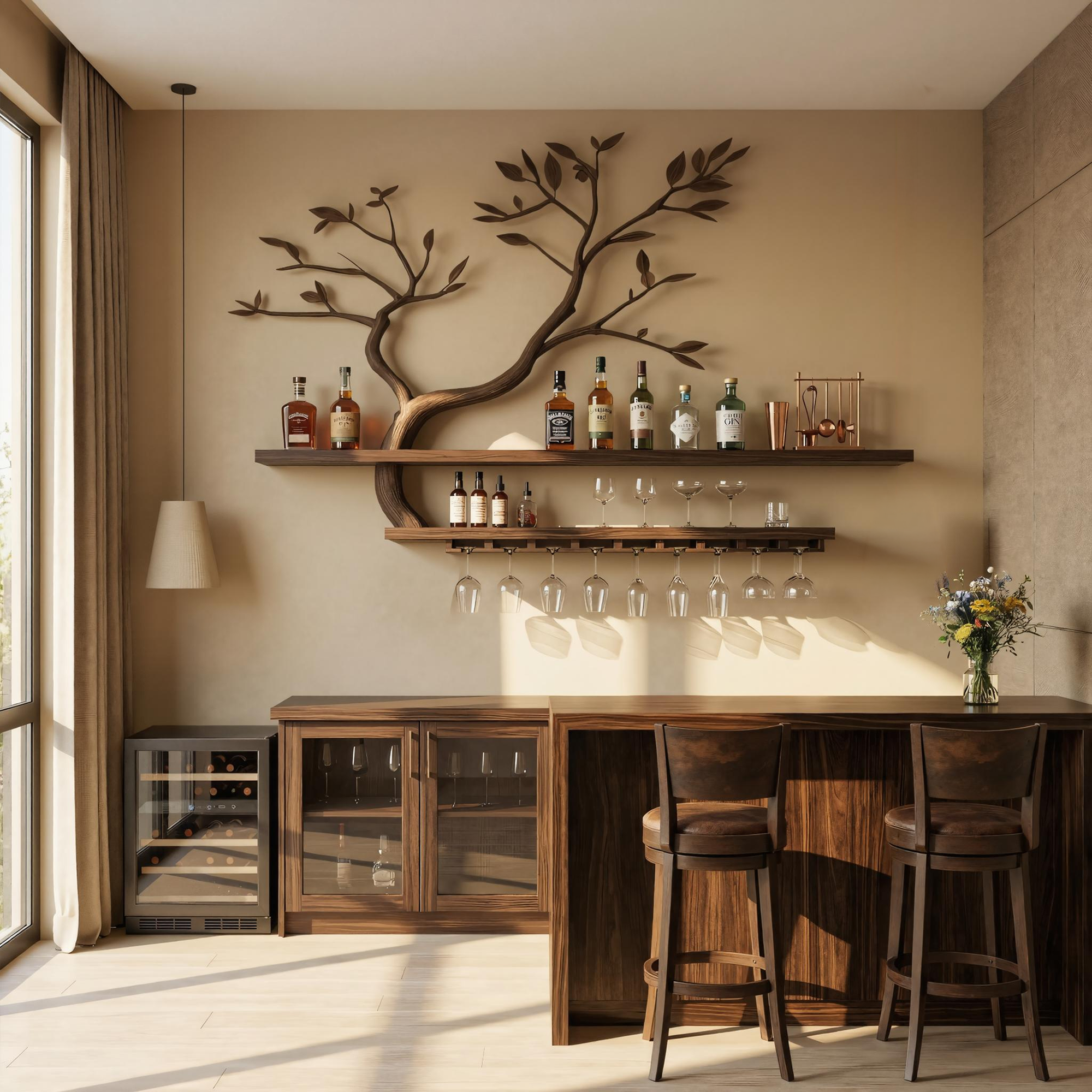 Nature Inspired Tree Branch Wine Rack Wooden Wall Bar Shelf Bottle Display SINLKIWR012