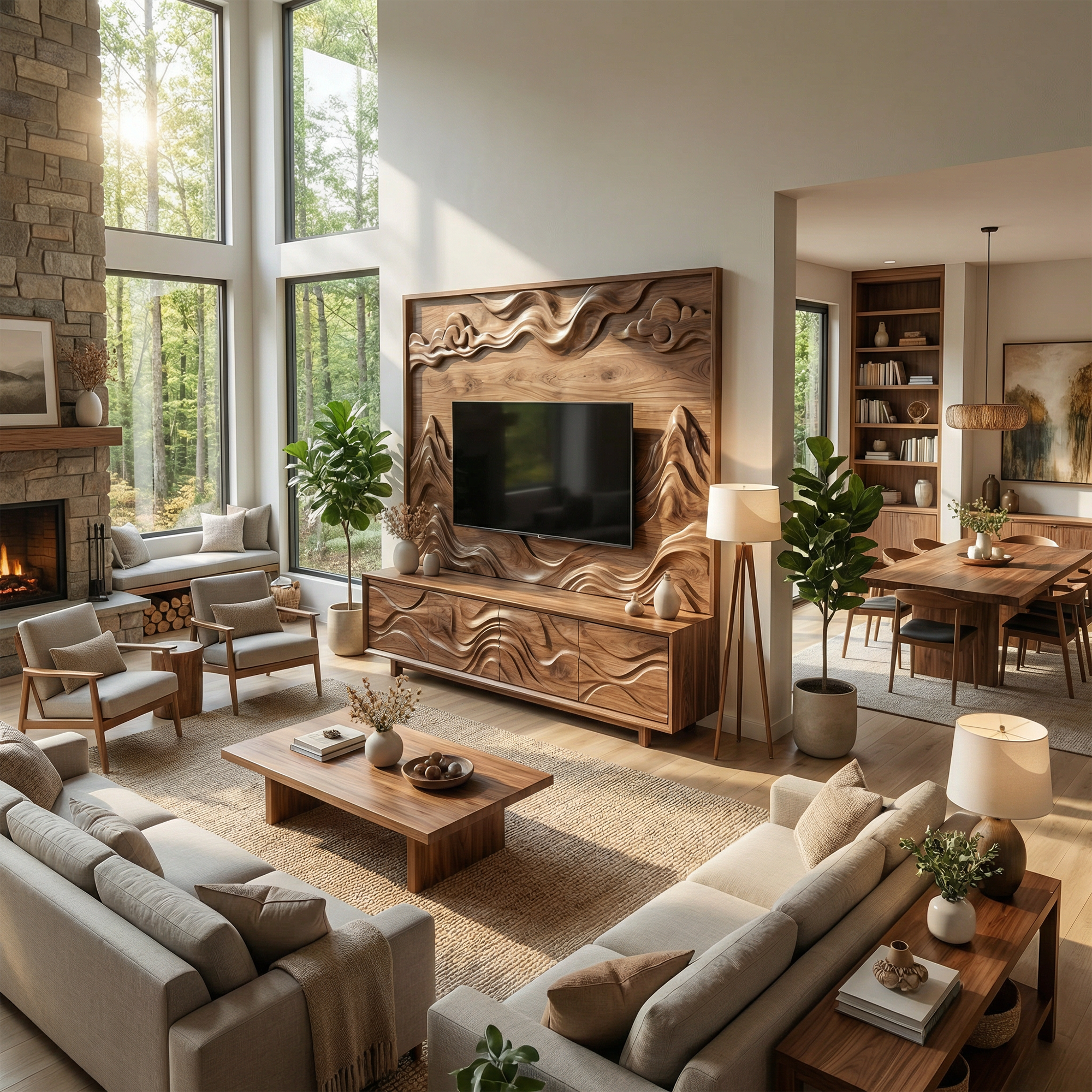 Organic Sculptural TV Cabinet And Wood Wall Panel Set Living Room SINLKISC501
