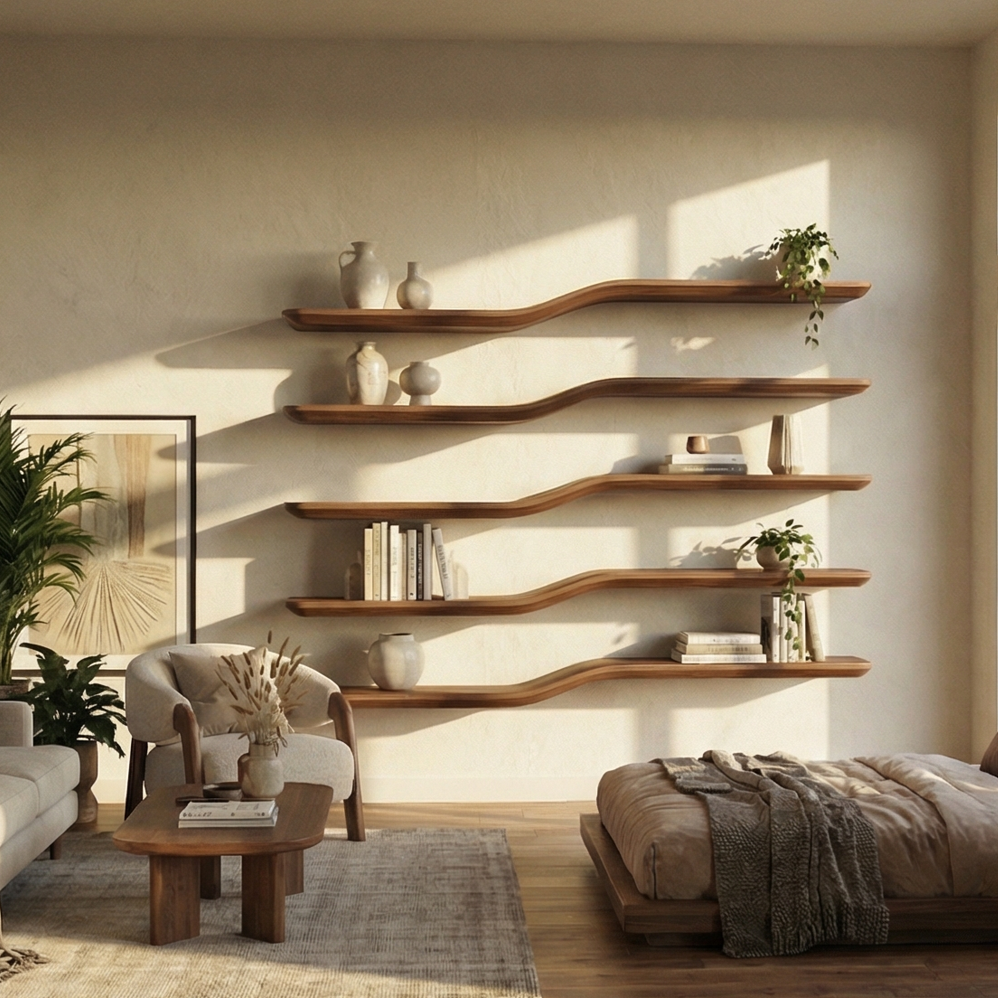 Modern Sculptural Wave Wall Shelves Floating Wood Display SINLKIFL479