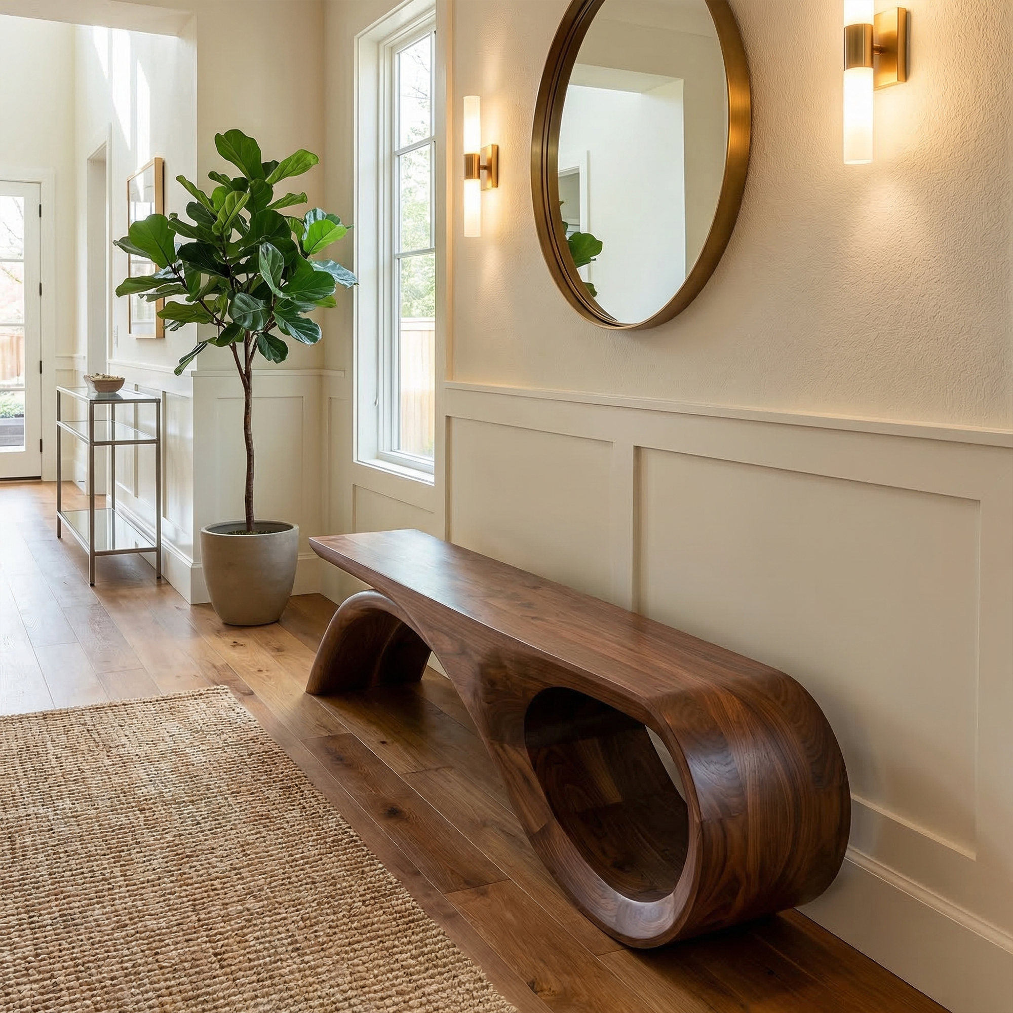 Rustic Solid Wood Bench Loop Curved Base Entryway And Living Room SINLKIRS089