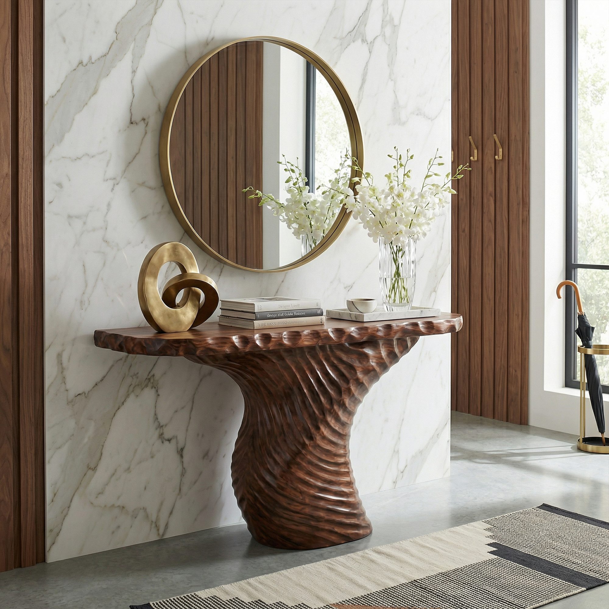 Rustic Ribbed Sculptural Console Table Sofa Back Living Room SINLKICS518