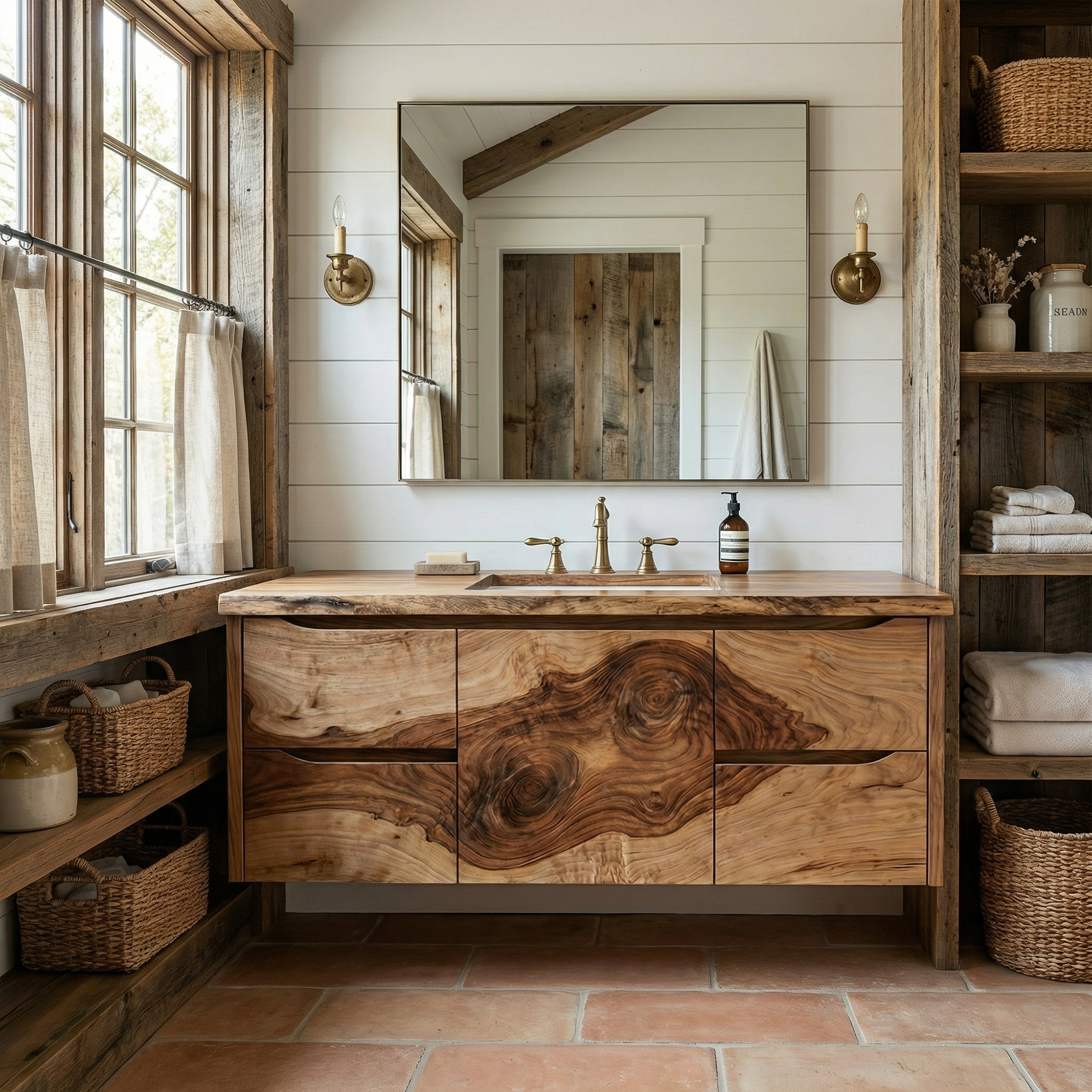 Modern Floating Solid Wood Bathroom Vanity Natural Slab Storage Cabinet SINLKIBRV271