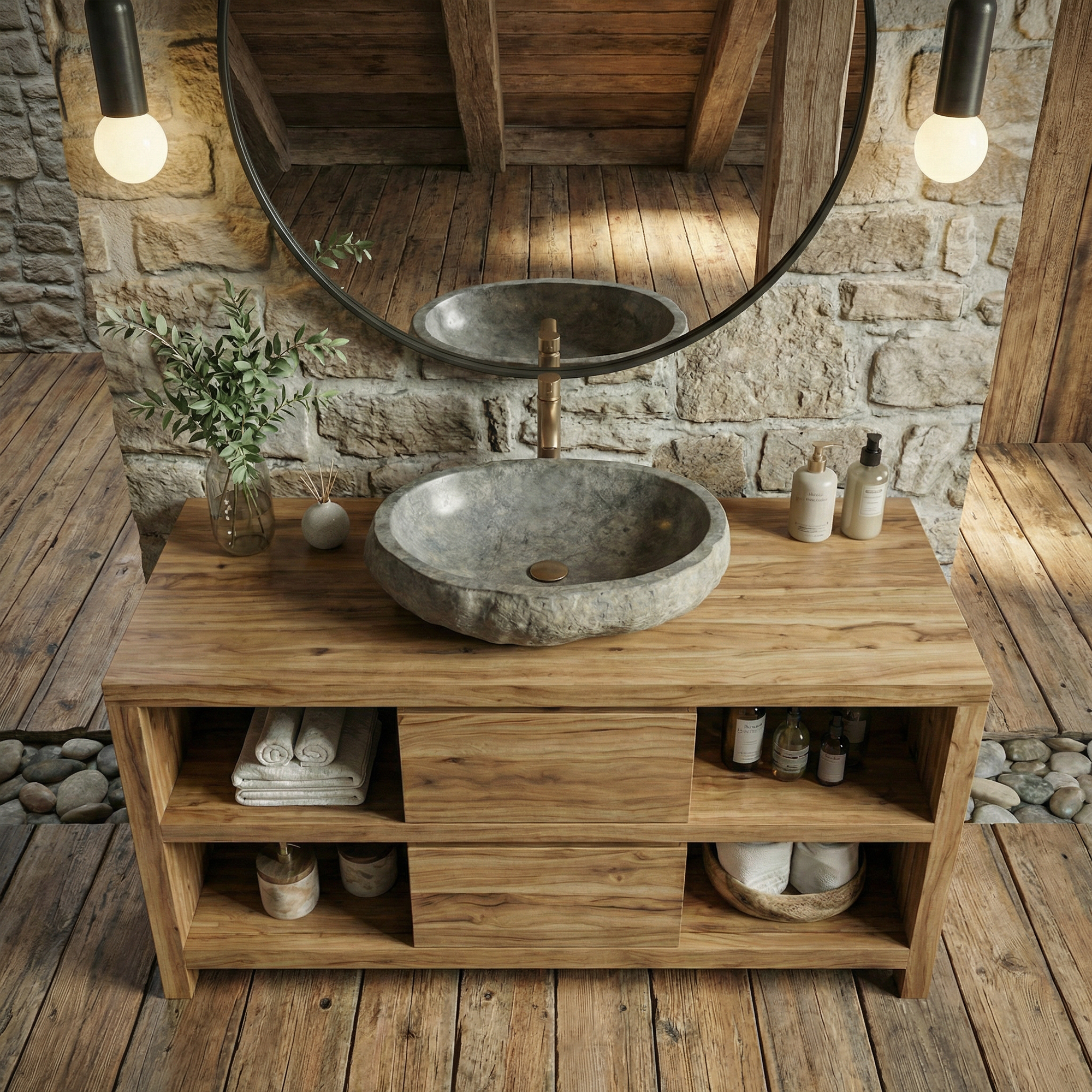 Modern Minimal Solid Wood Bathroom Vanity Open Shelf Storage Cabinet SINLKIBRV273
